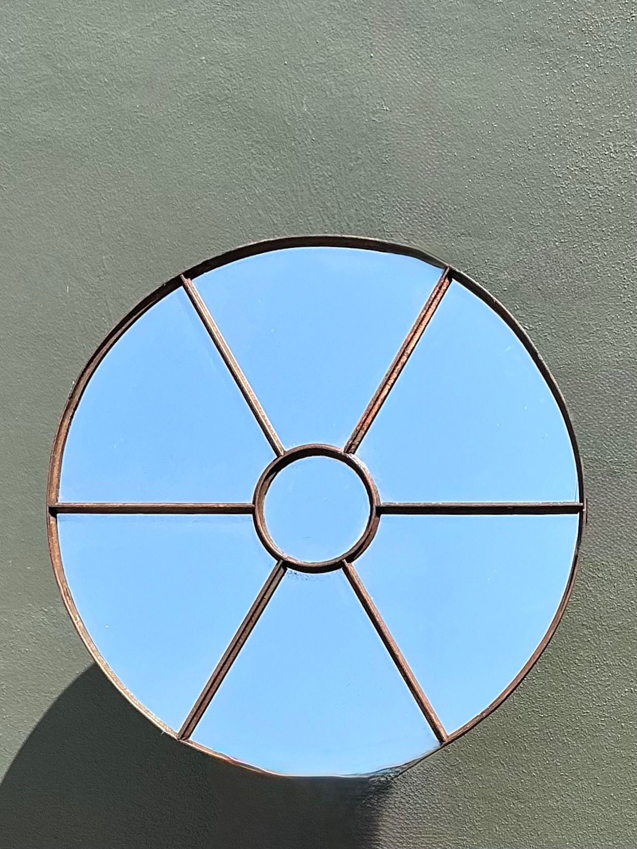Vintage Wrought Iron Round Windowpane Mirror - Side view
