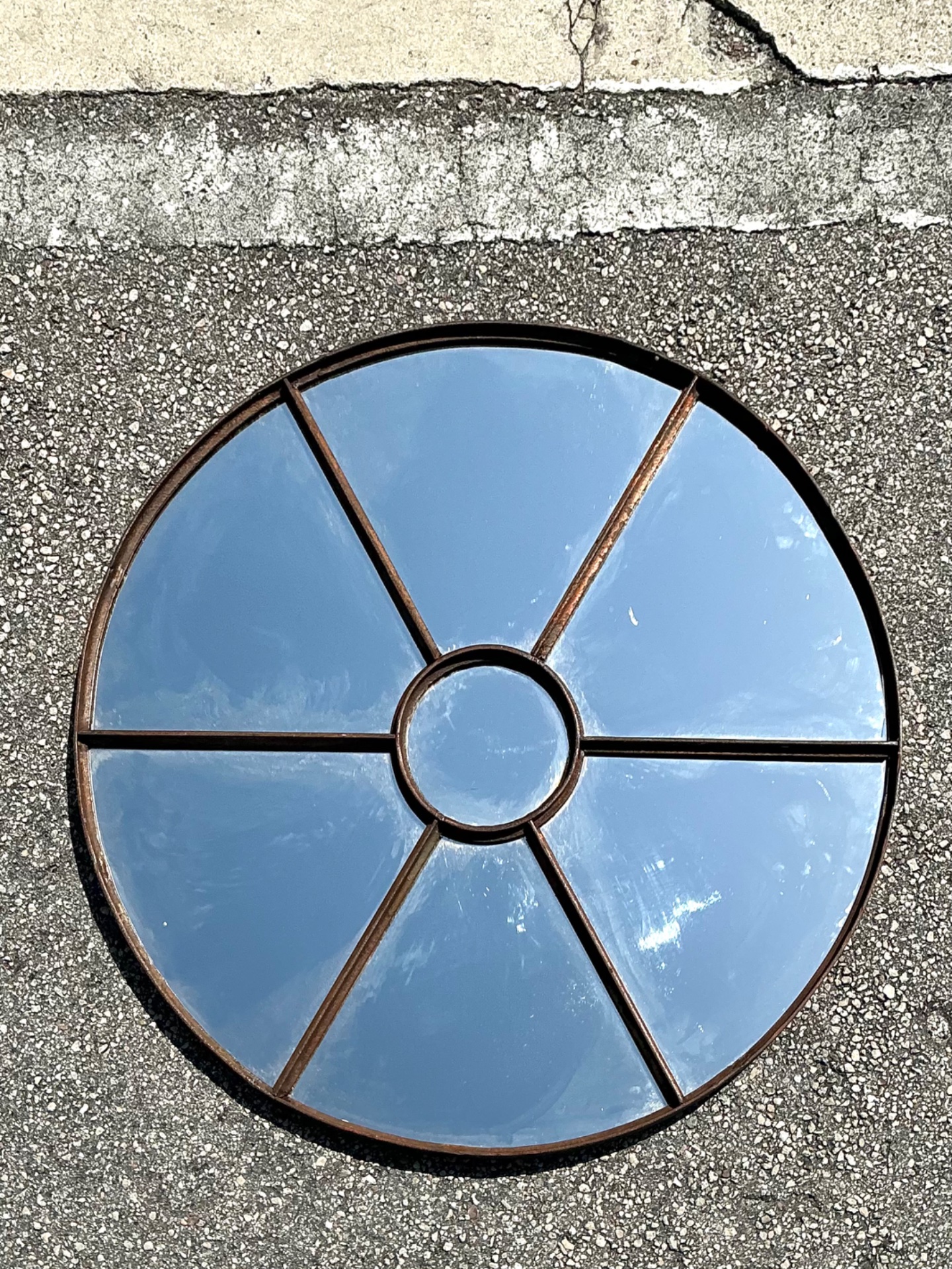 Vintage Wrought Iron Round Windowpane Mirror - Back view