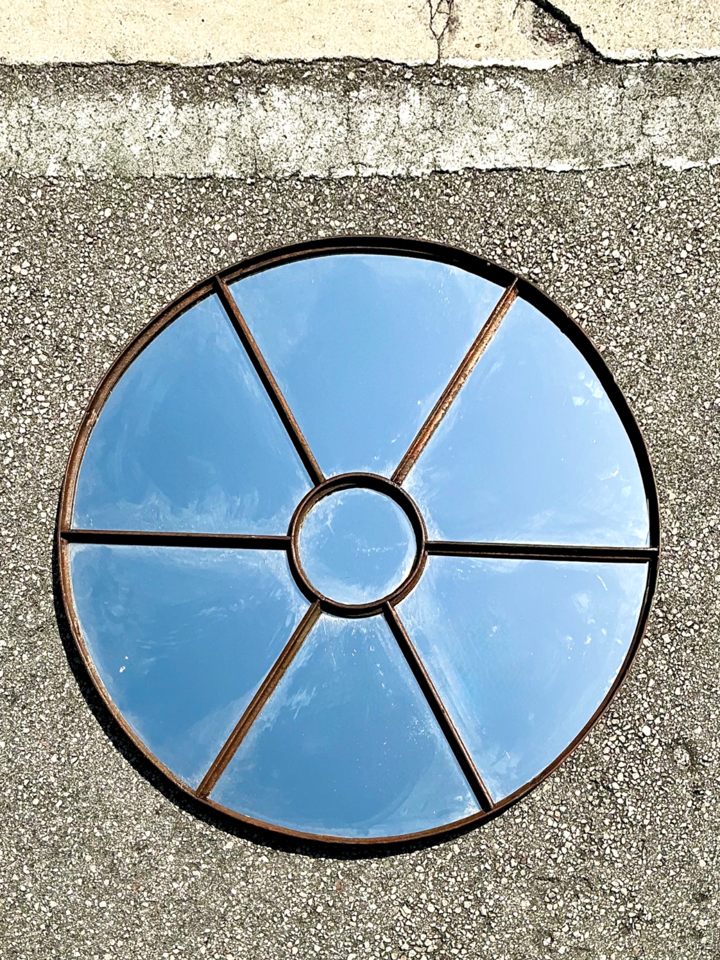 Vintage Wrought Iron Round Windowpane Mirror - Detail view