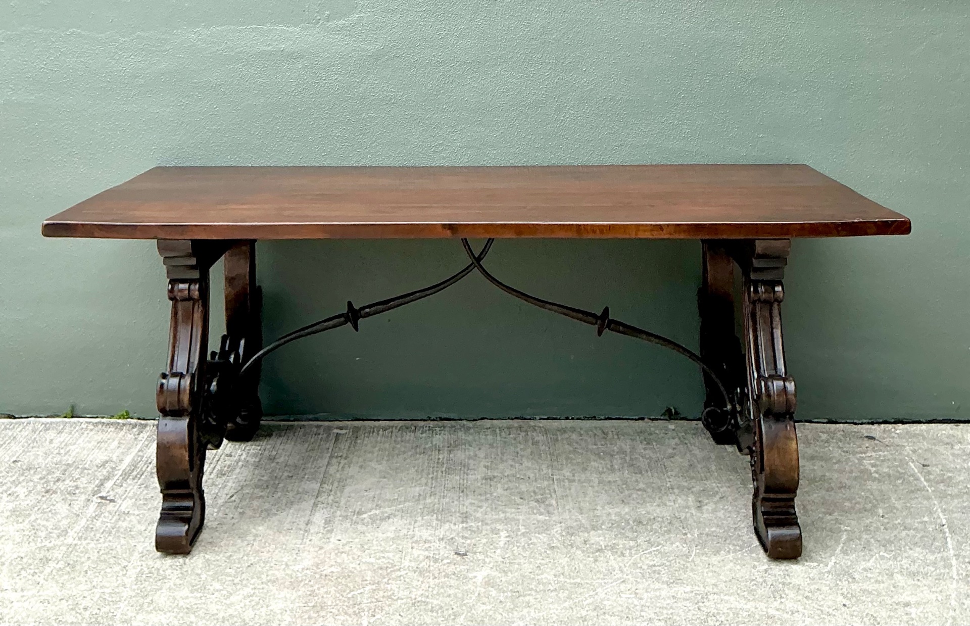 Vintage Spanish Revival Carved Wood Trestle Table - Detail view
