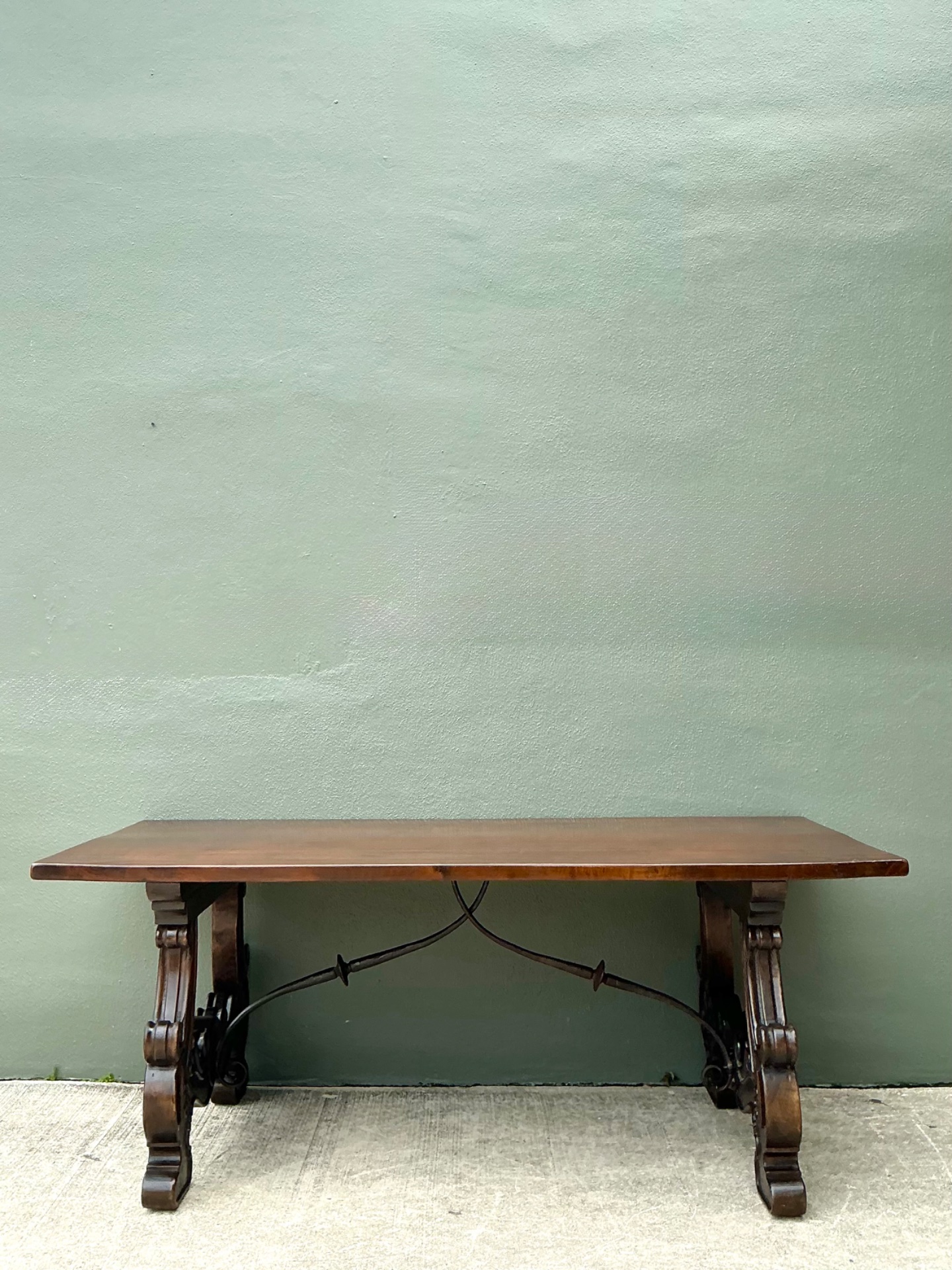 Vintage Spanish Revival Carved Wood Trestle Table - Back view