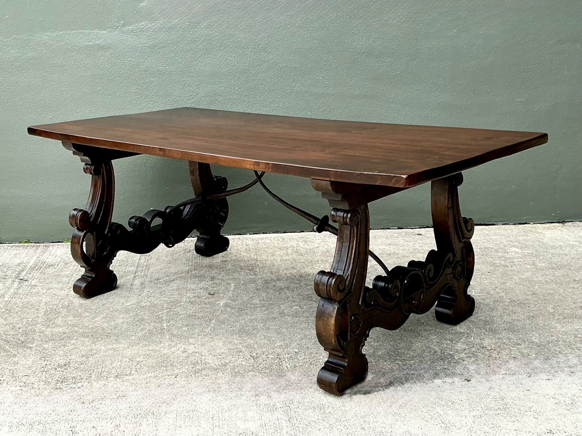 Vintage Spanish Revival Carved Wood Trestle Table - Top view