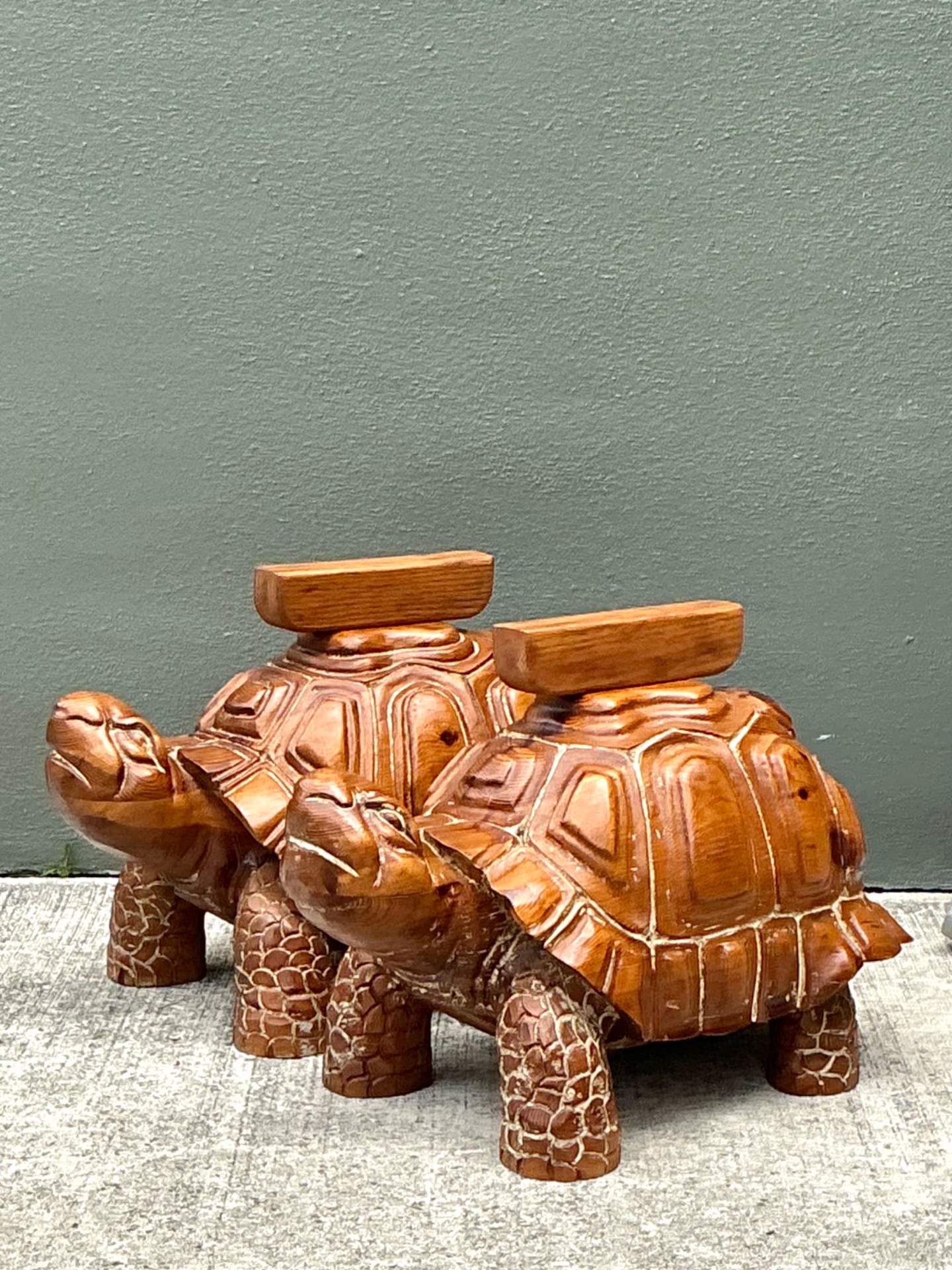 Vintage Carved Wood Turtle Coffee Table Pedestal  - Side view