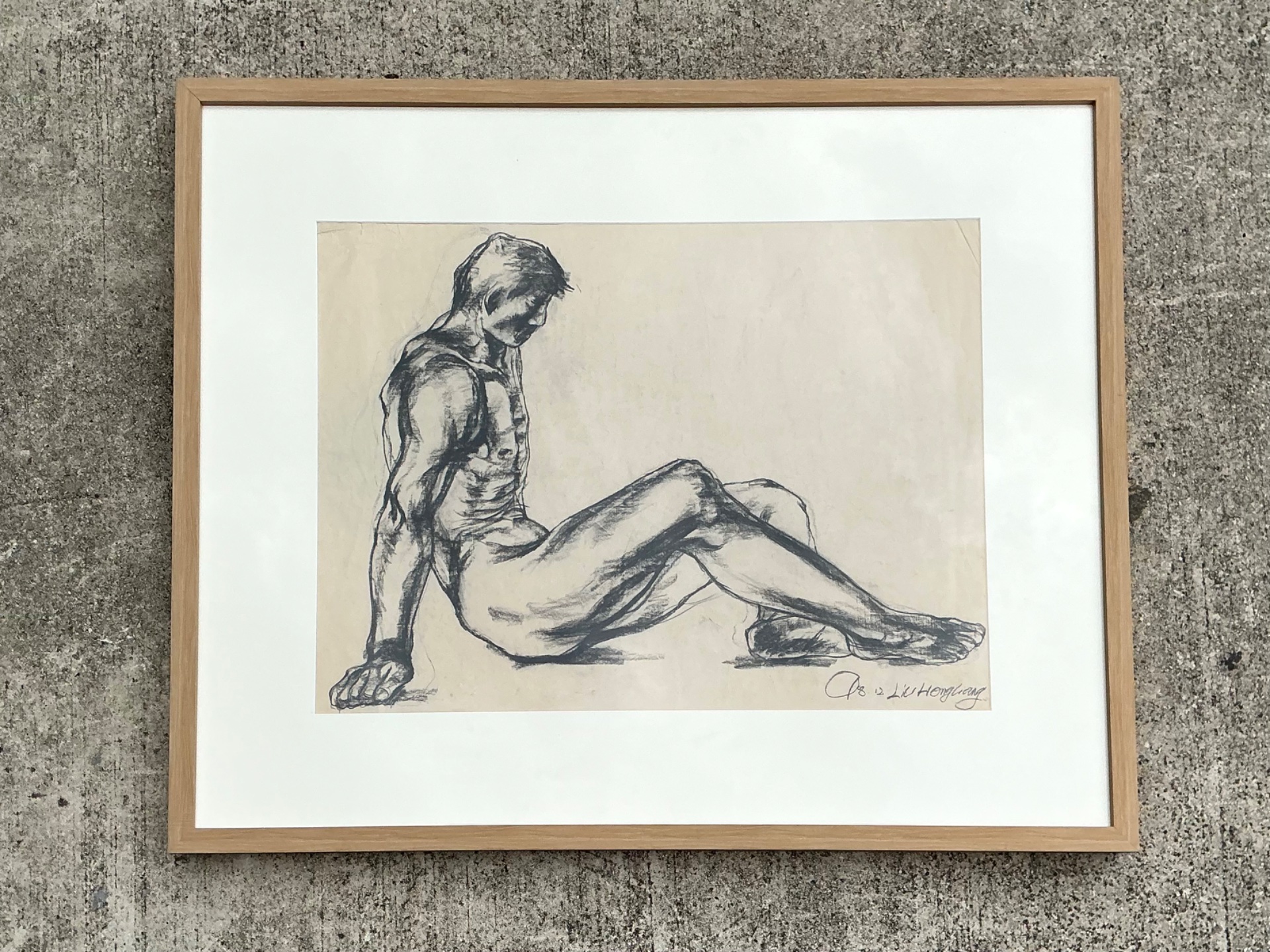 Vintage Original Nude Drawing Of Man On Paper - Side view