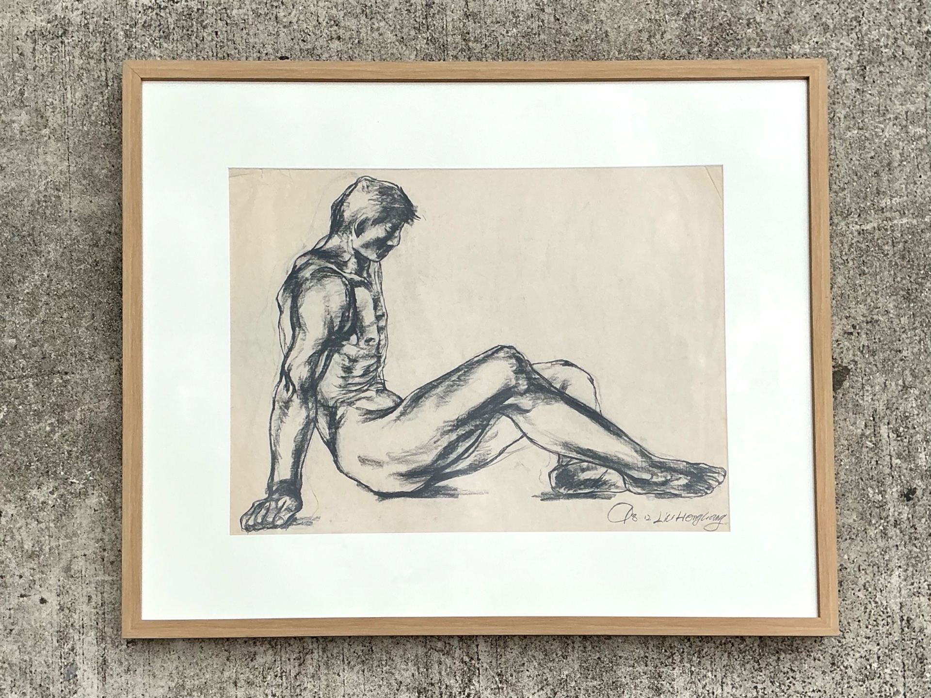 Vintage Original Nude Drawing Of Man On Paper - Back view