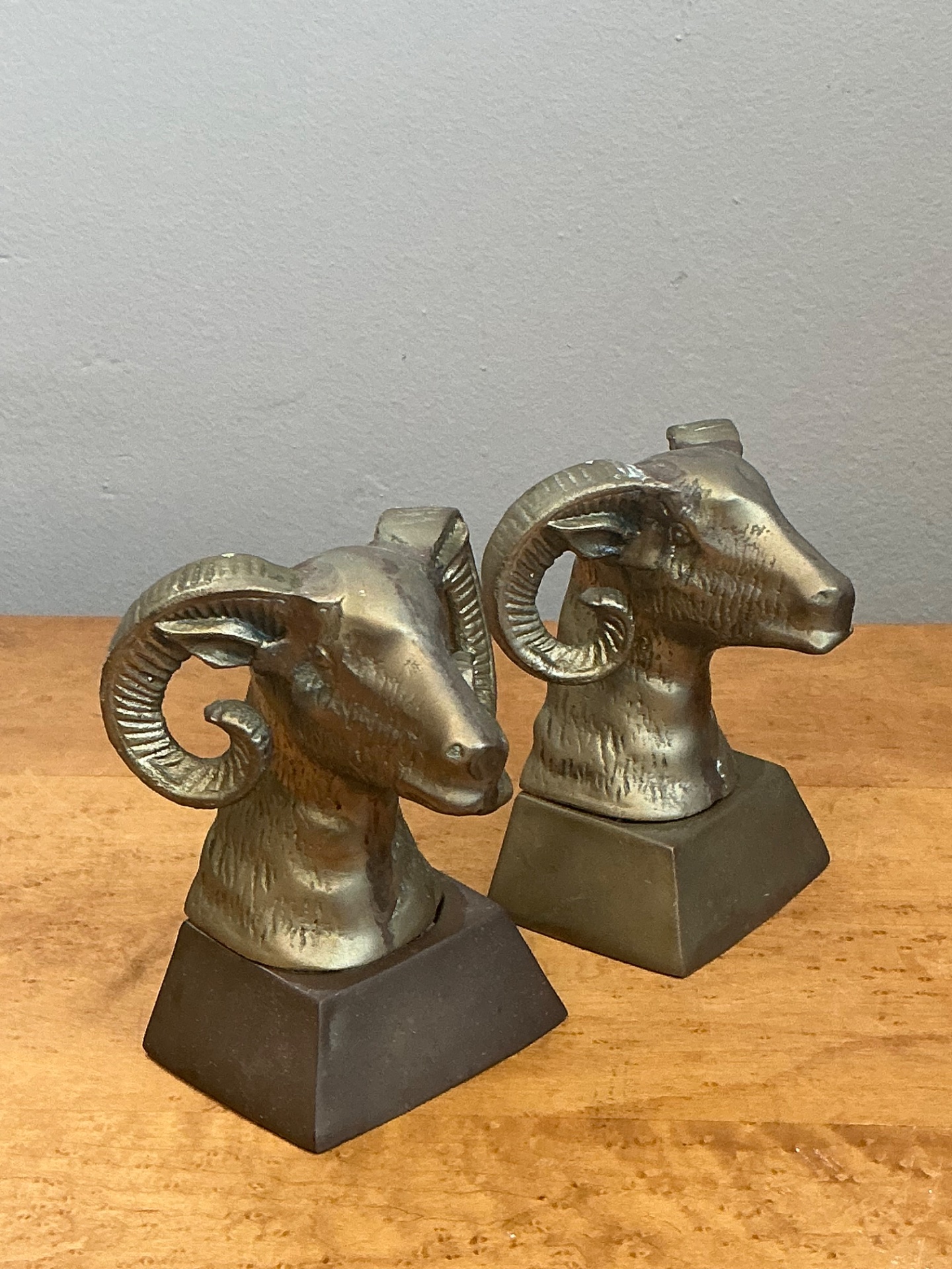 Vintage Brass Ram Bust Bookends - A Pair - Side view