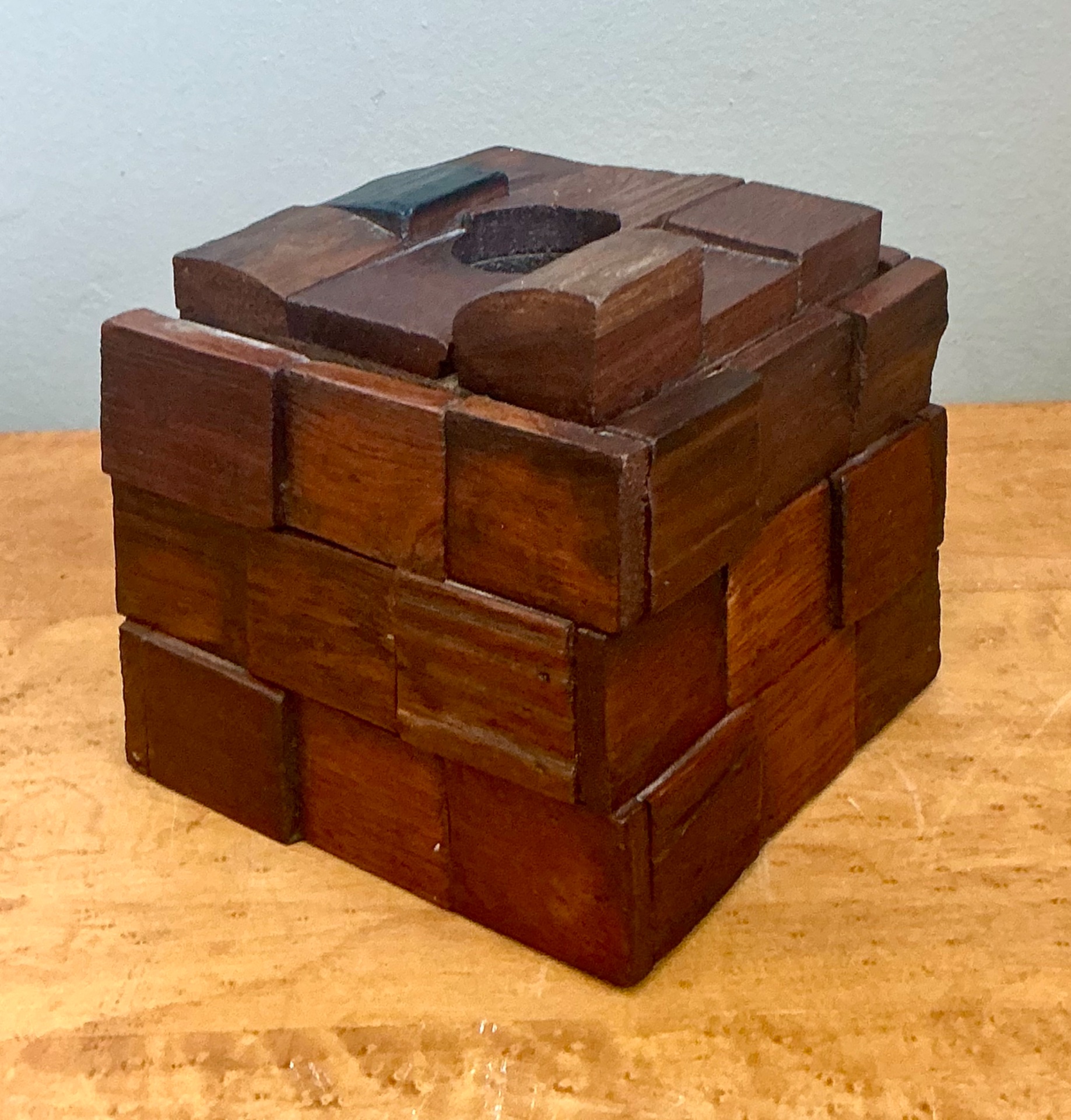 Vintage Brutalist Abstract Wood Tissue Box - Side view