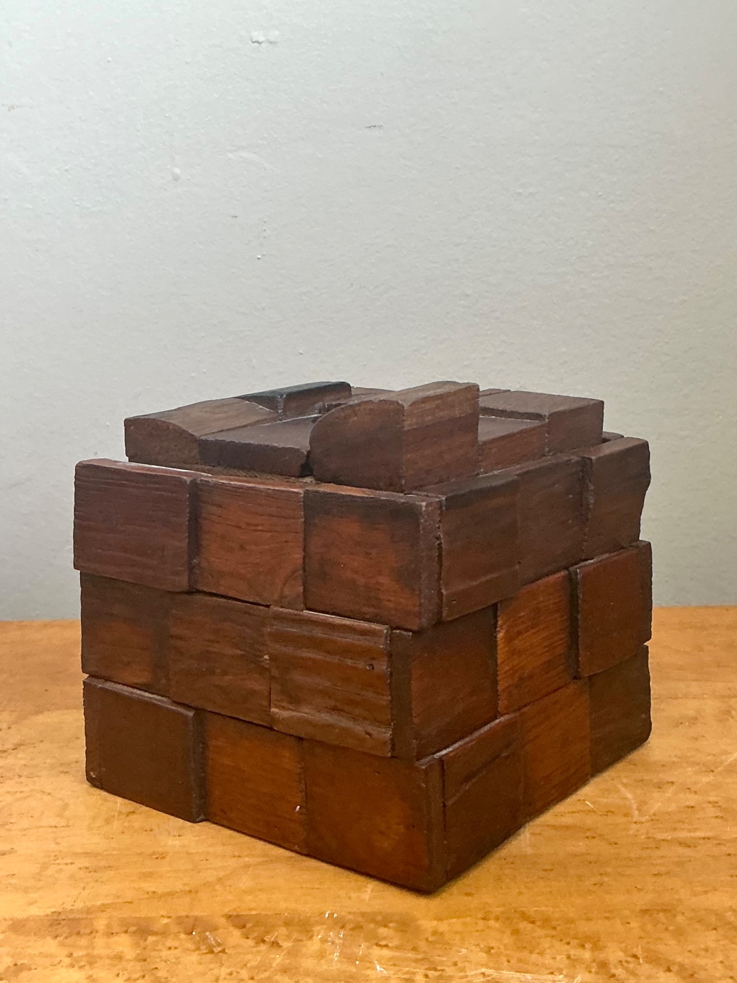 Vintage Brutalist Abstract Wood Tissue Box - Top view