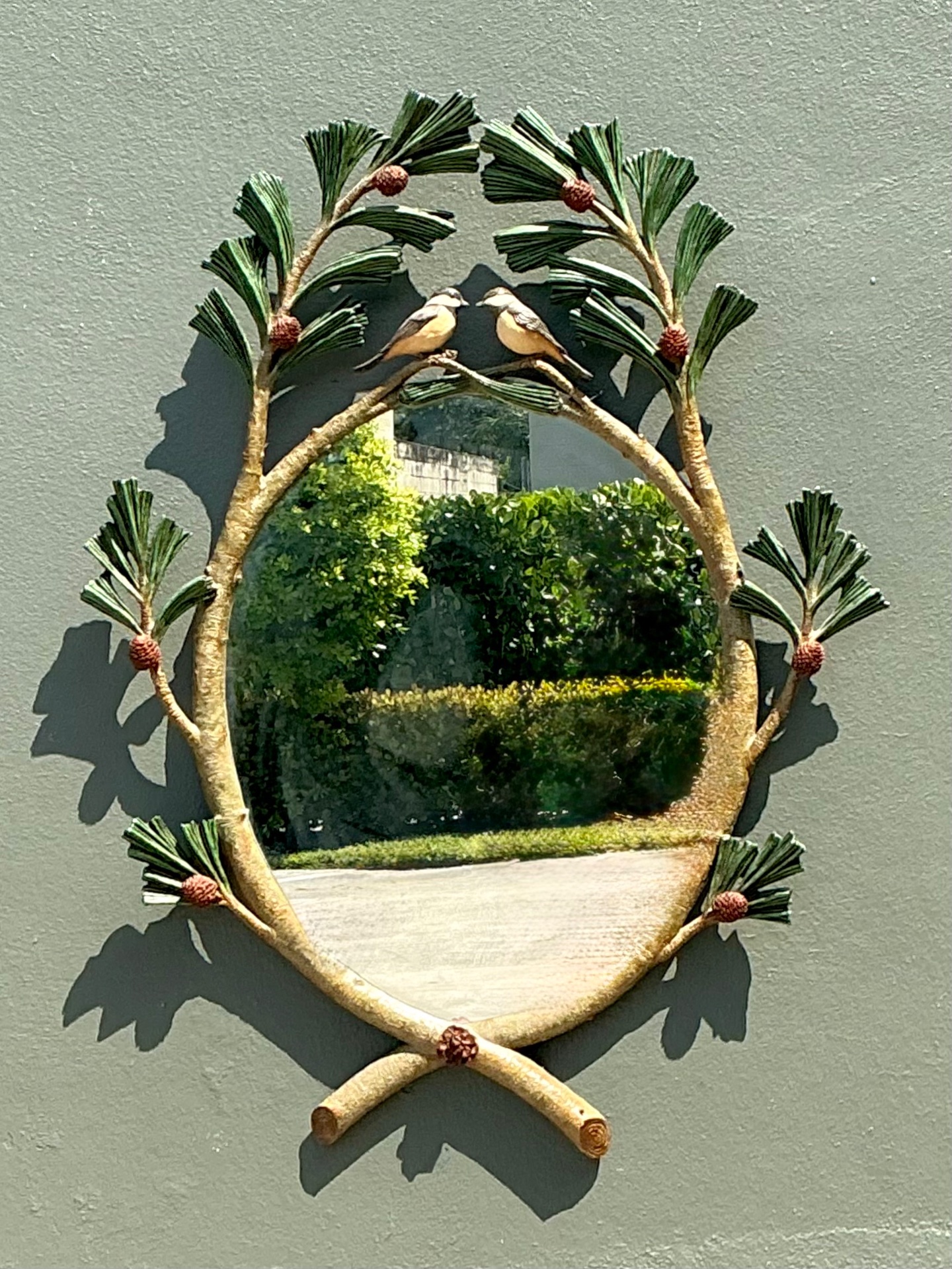 Vintage Carvers Guild “Chickadees In Pine Bough” Mirror - Detail view