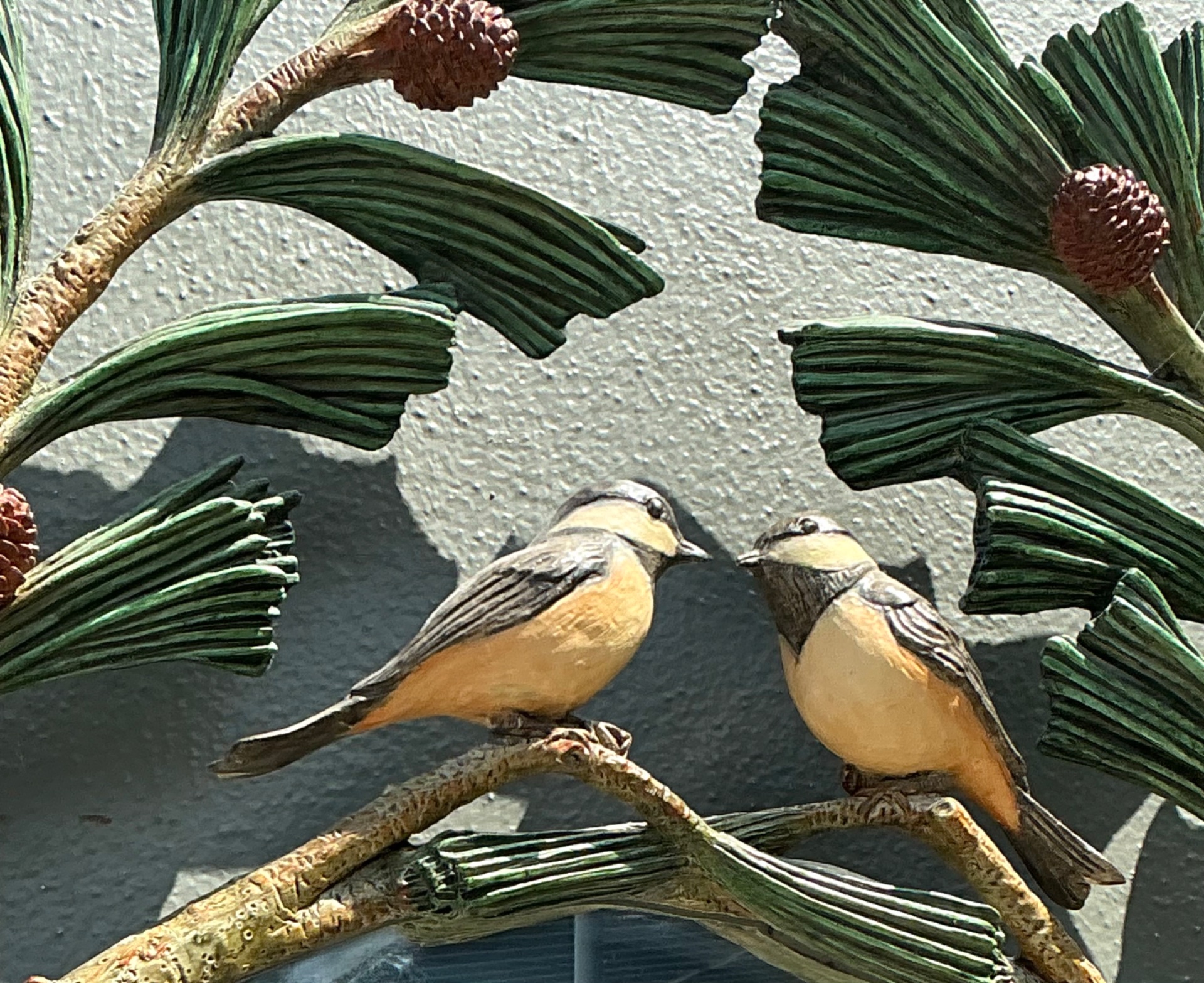 Vintage Carvers Guild “Chickadees In Pine Bough” Mirror - Top view