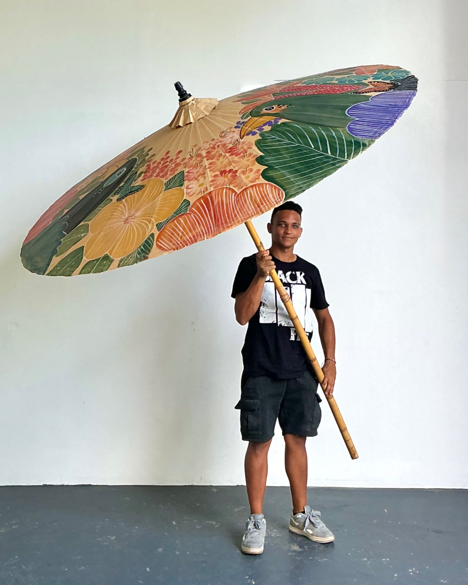 Vintage Monumental Hand Painted Paper Umbrella - Back view