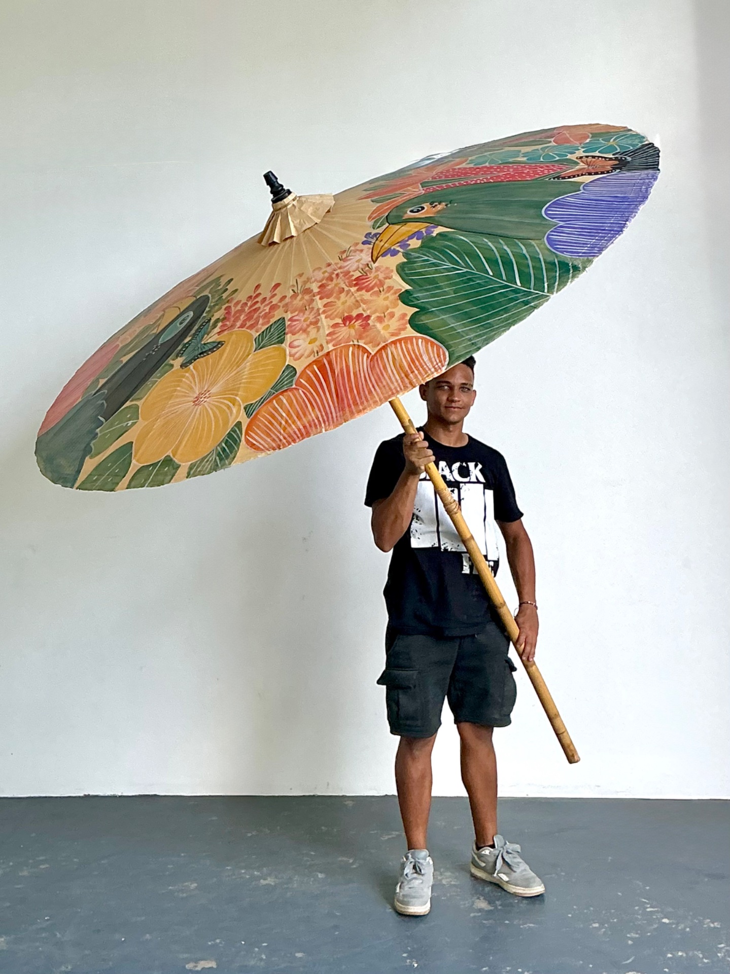 Vintage Monumental Hand Painted Paper Umbrella - Detail view