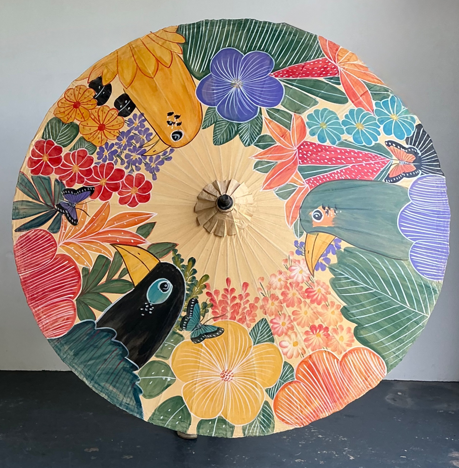 Vintage Monumental Hand Painted Paper Umbrella - Side view