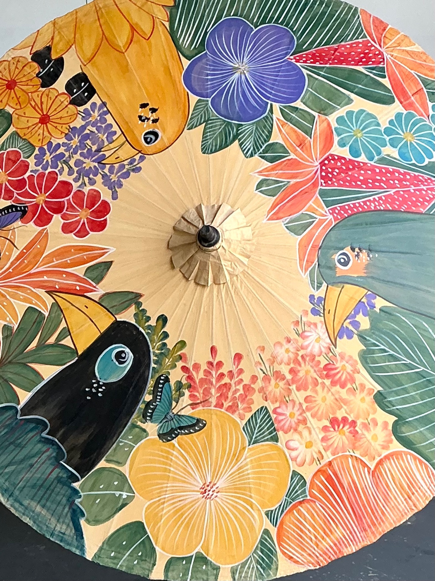 Vintage Monumental Hand Painted Paper Umbrella - Top view