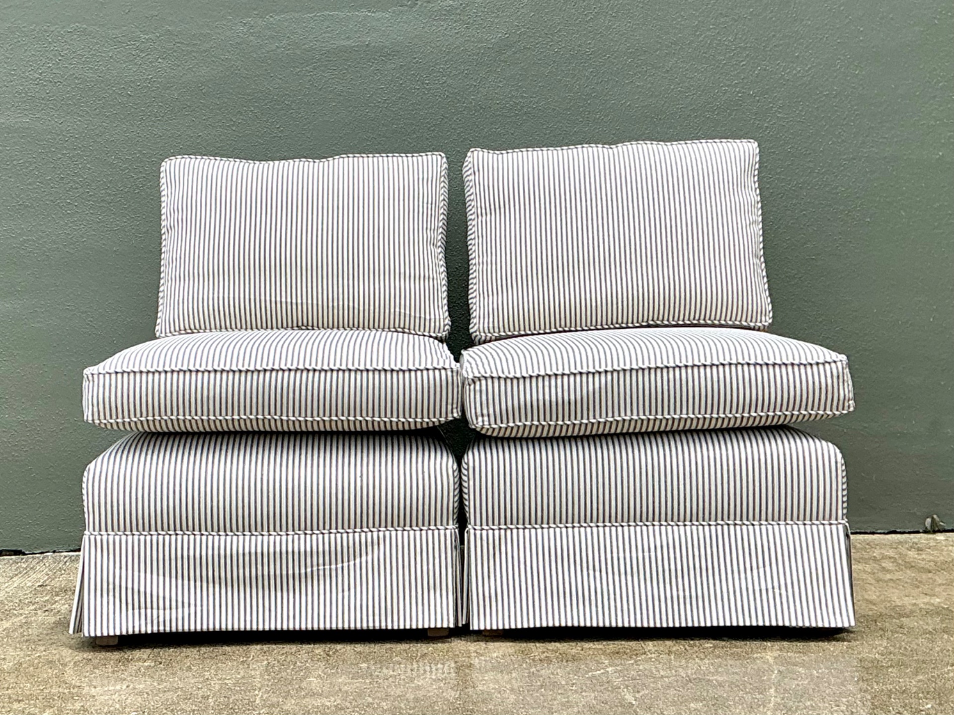 Vintage Ticking Stripe Slipper Chairs - Set Of 2 - Side view