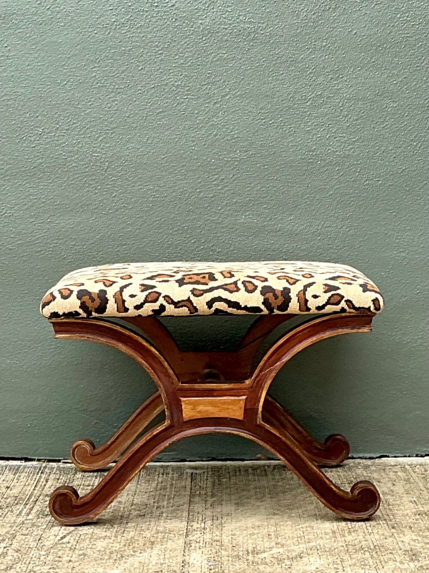 Vintage Leopard Print Upholstered Curule Bench