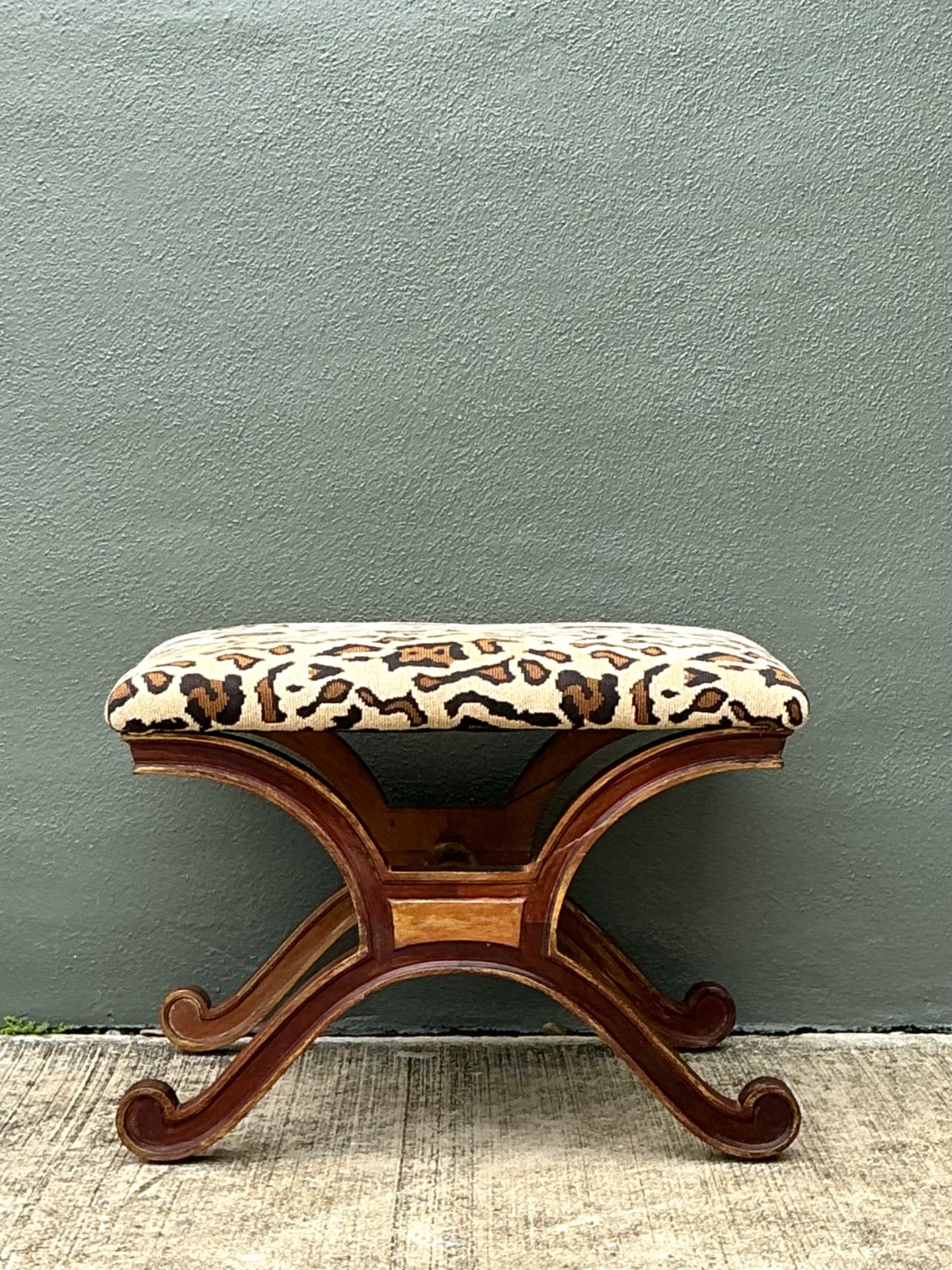 Vintage Leopard Print Upholstered Curule Bench - Side view