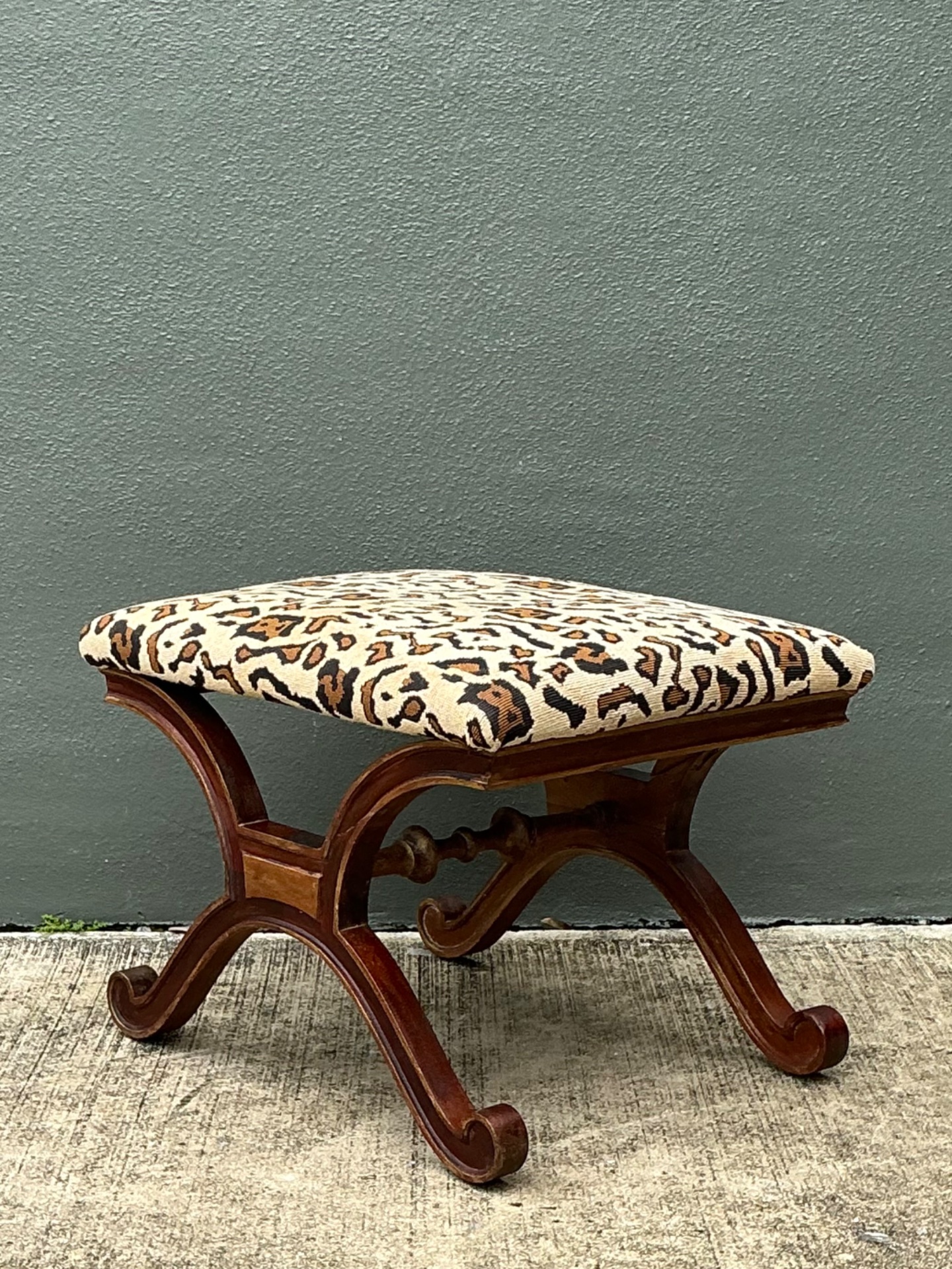 Vintage Leopard Print Upholstered Curule Bench - Top view