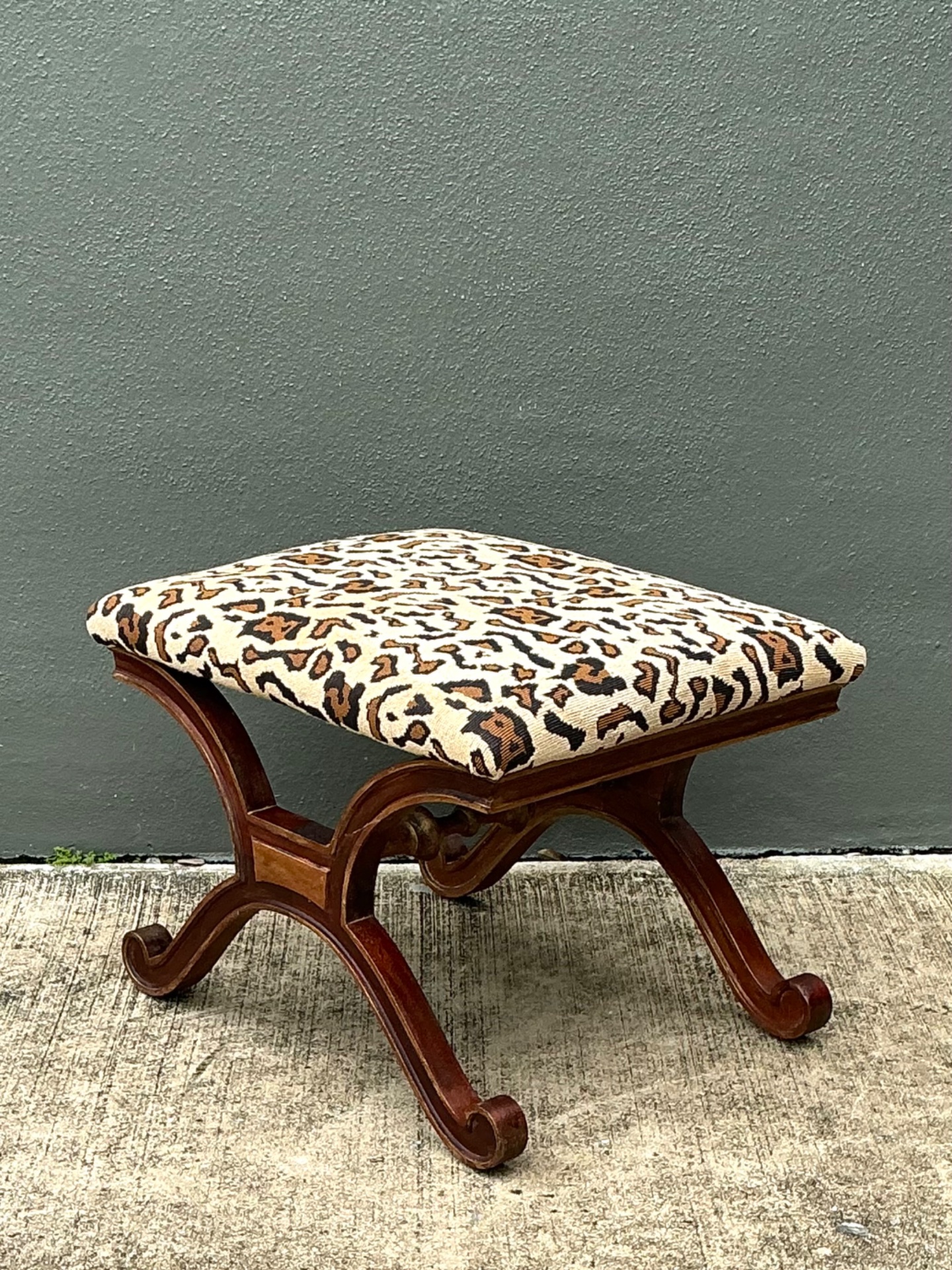 Vintage Leopard Print Upholstered Curule Bench - Back view