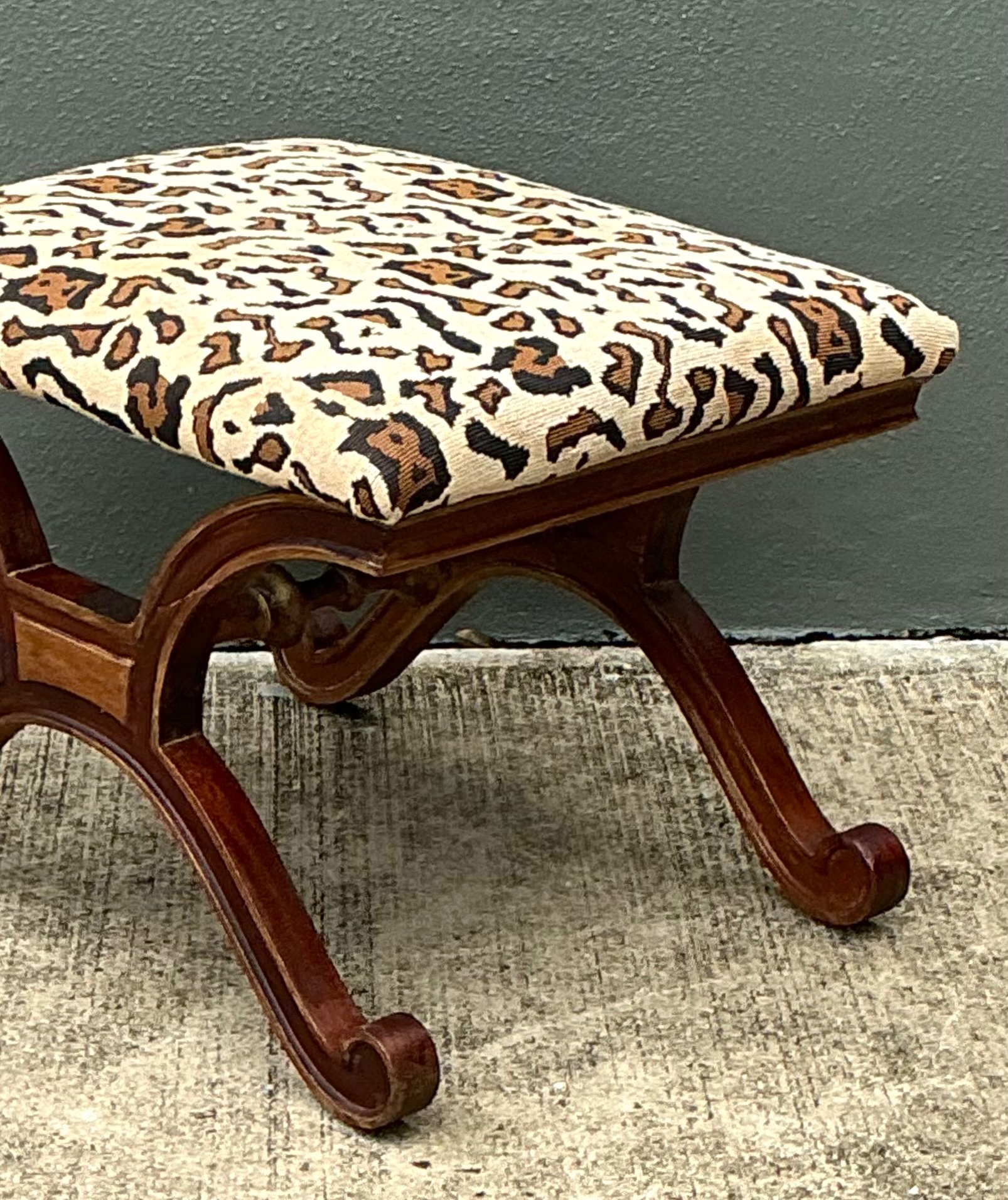 Vintage Leopard Print Upholstered Curule Bench - Detail view