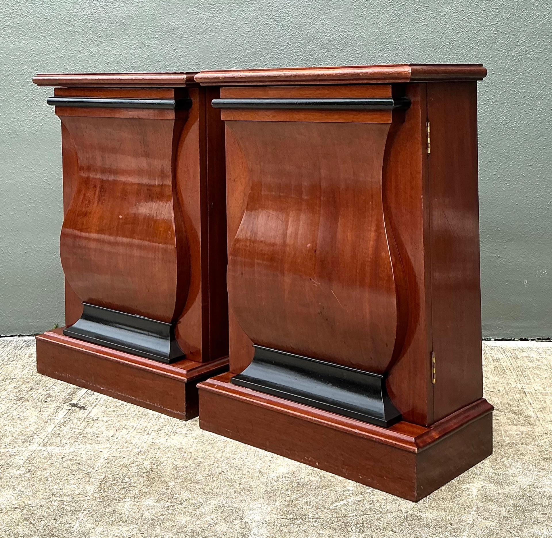 Vintage Mahogany Scroll Front Cabinets - A Pair - Side view