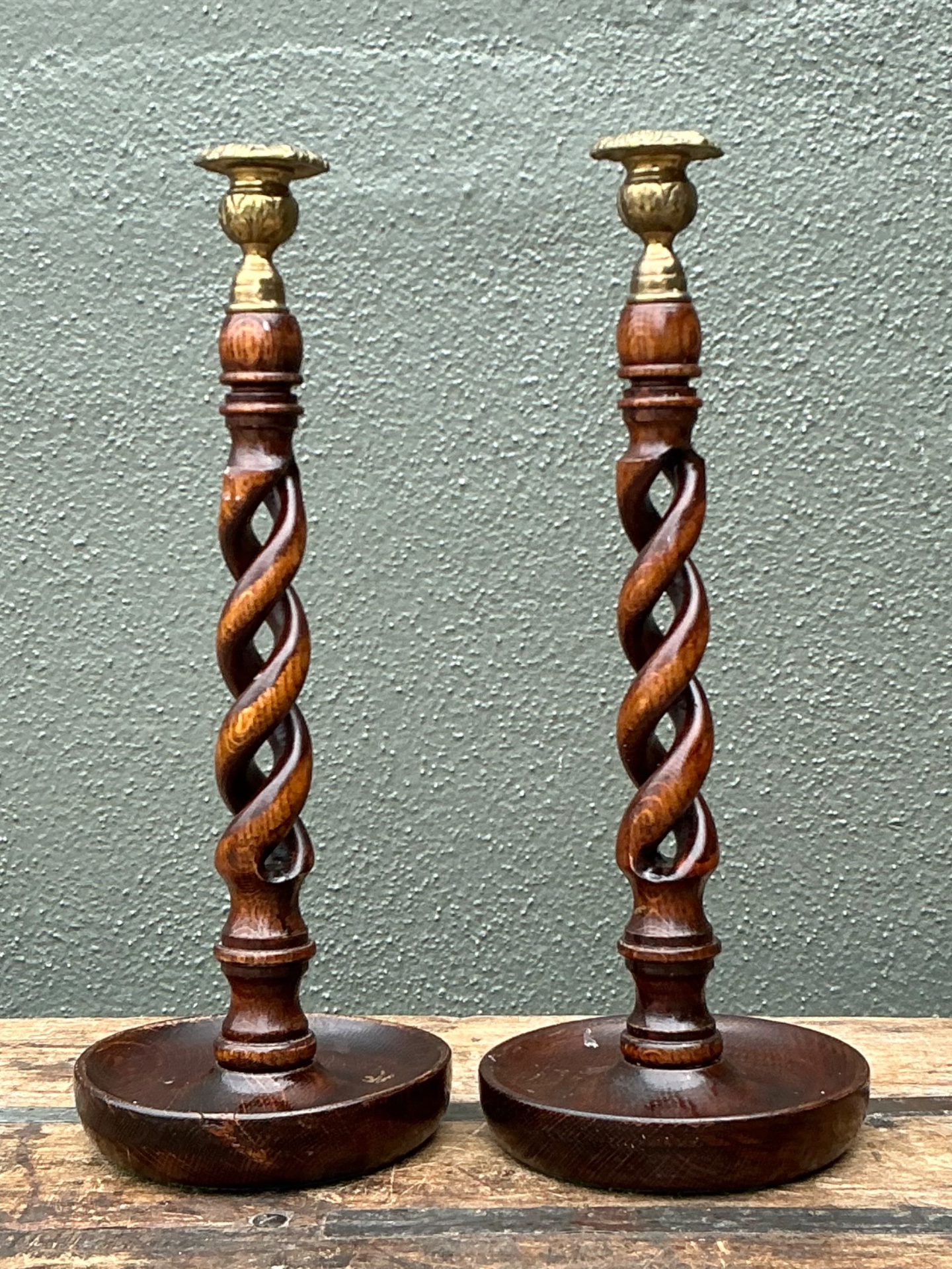 Vintage Barley Twist Wood Candlesticks - A Pair - Top view