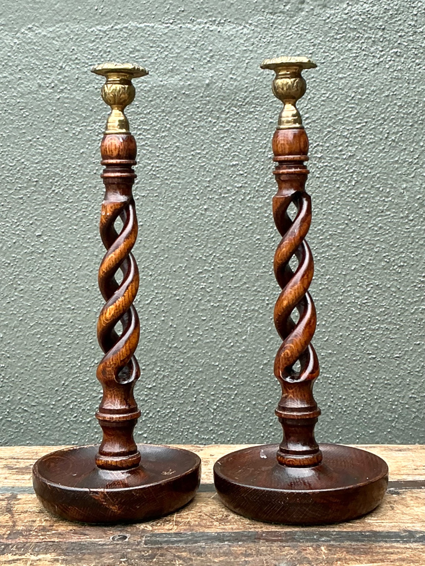 Vintage Barley Twist Wood Candlesticks - A Pair - Side view