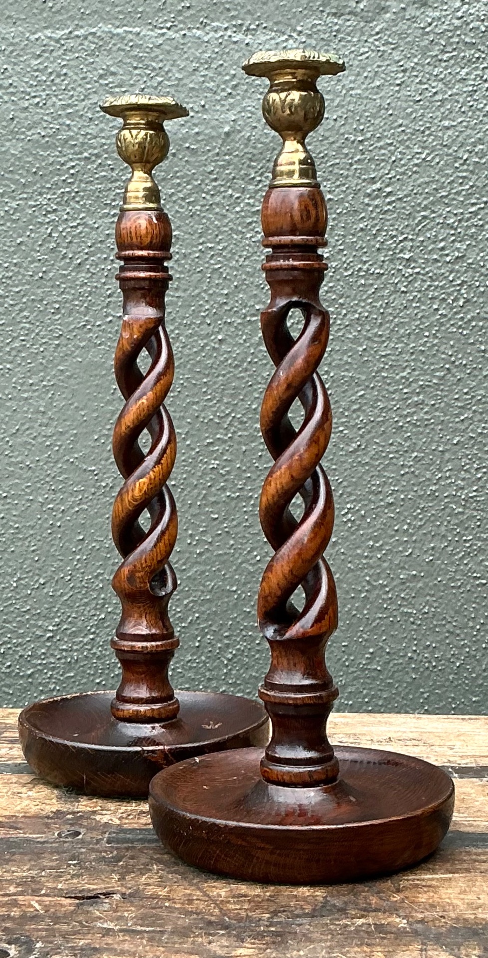 Vintage Barley Twist Wood Candlesticks - A Pair - Back view