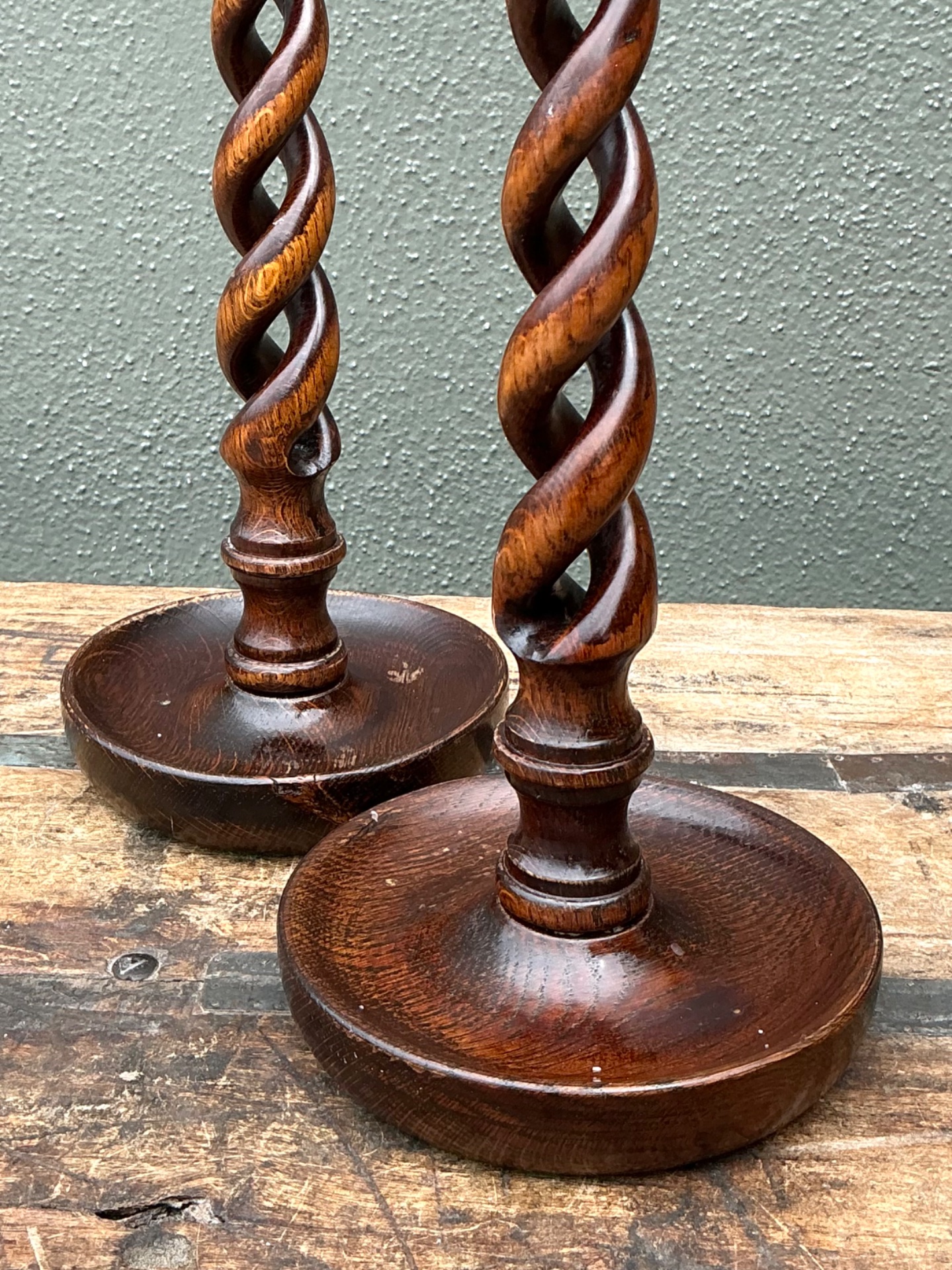 Vintage Barley Twist Wood Candlesticks - A Pair - Detail view