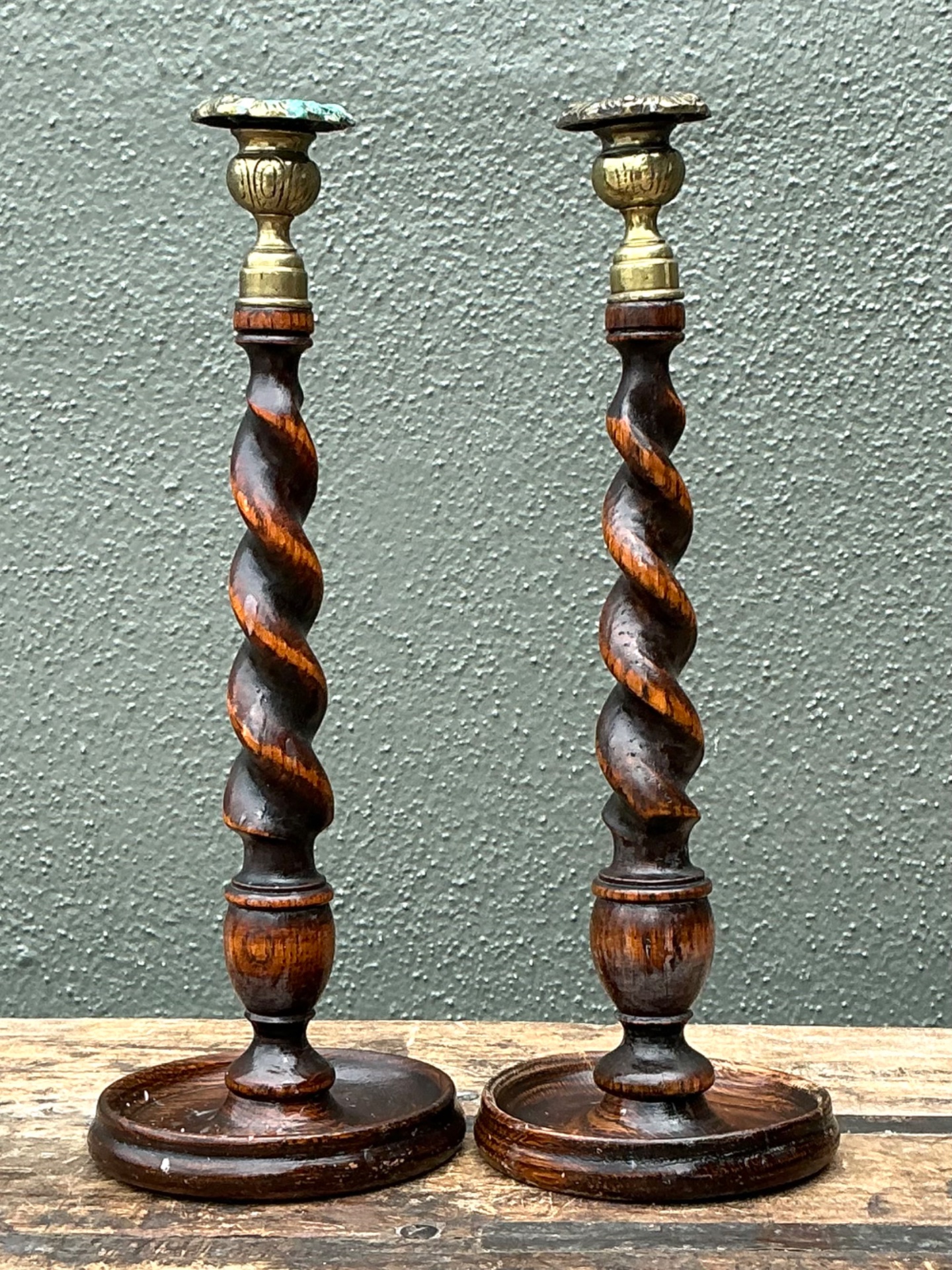 Vintage Barley Twist Wood Candlesticks - A Pair - Detail view
