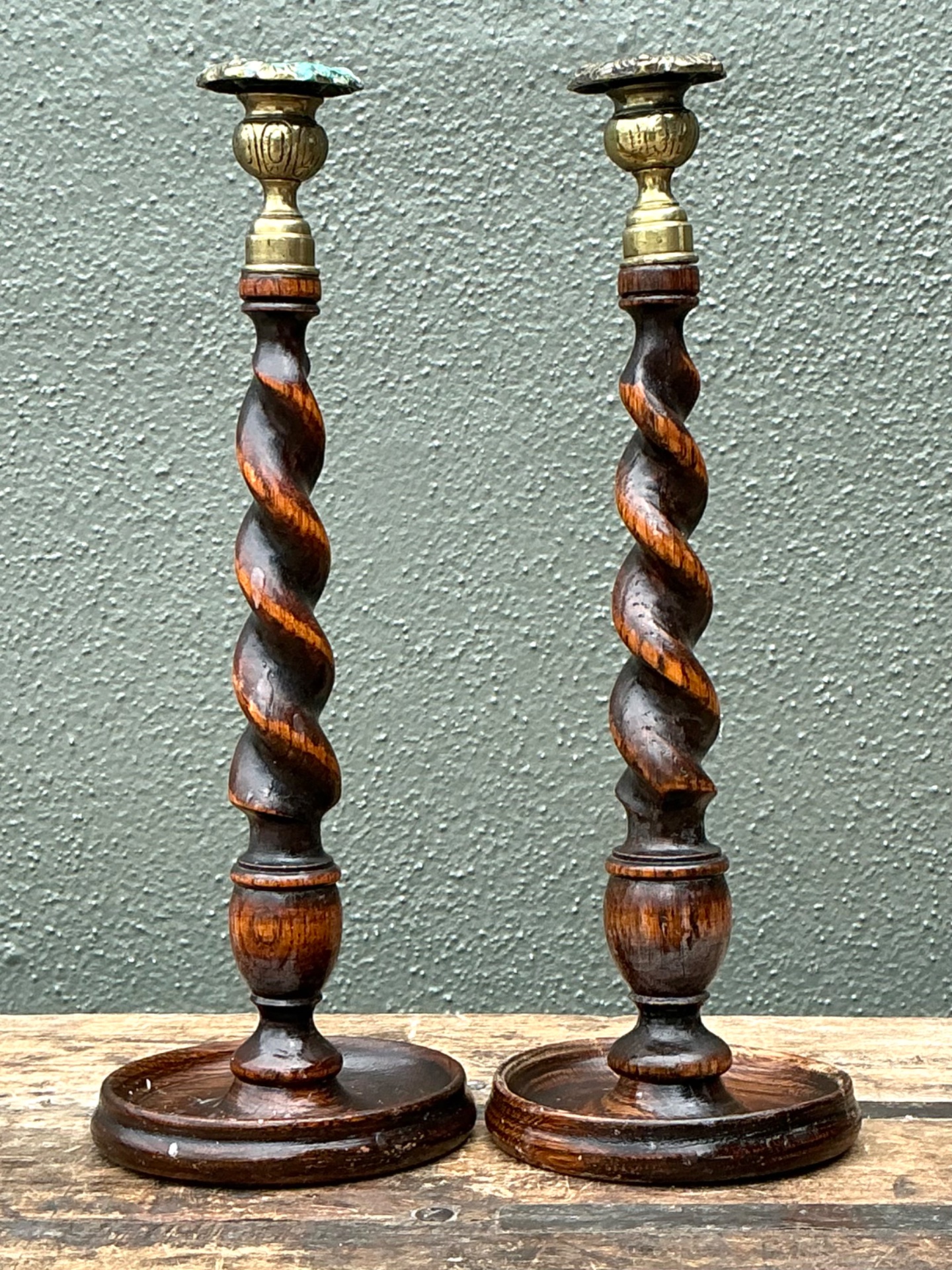 Vintage Barley Twist Wood Candlesticks - A Pair - Side view