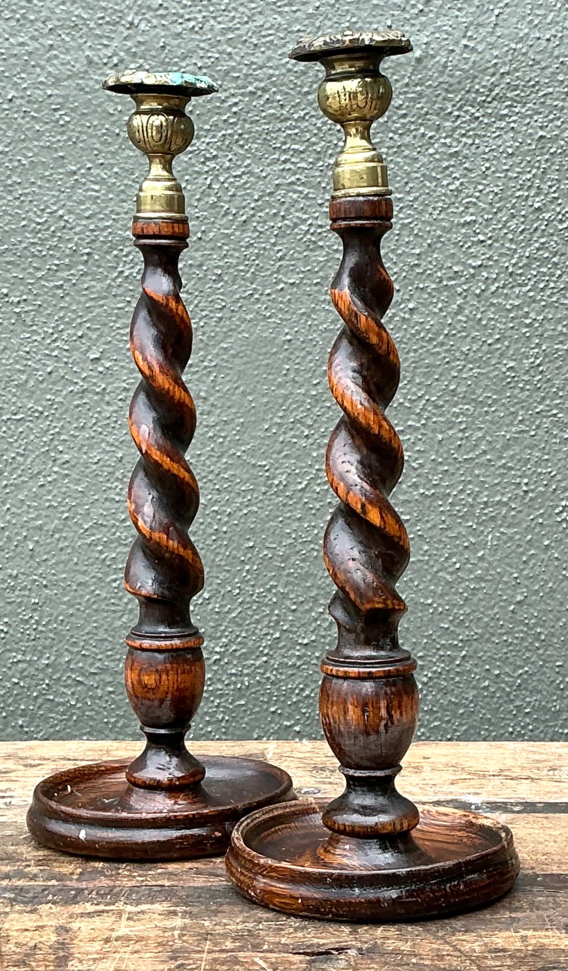 Vintage Barley Twist Wood Candlesticks - A Pair - Top view
