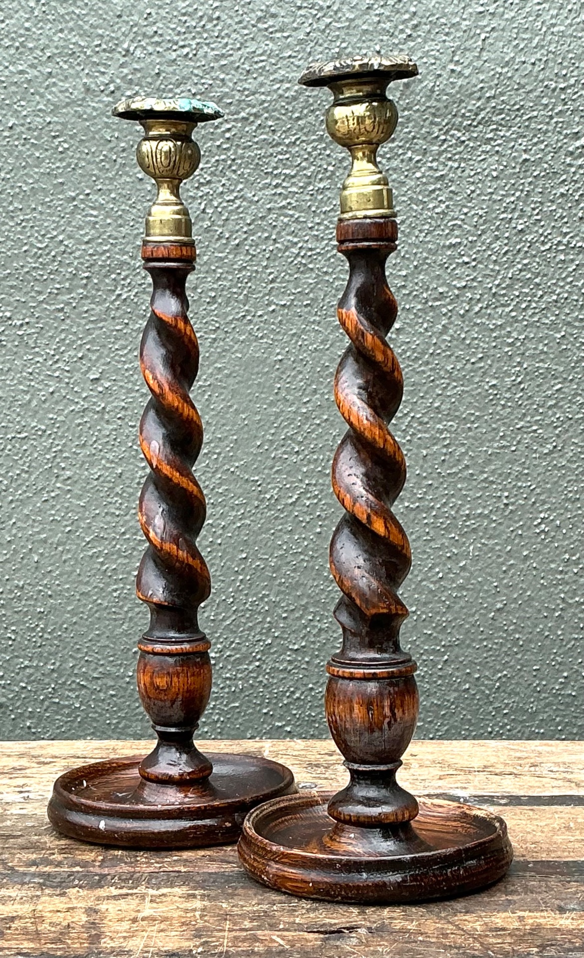 Vintage Barley Twist Wood Candlesticks - A Pair - Back view