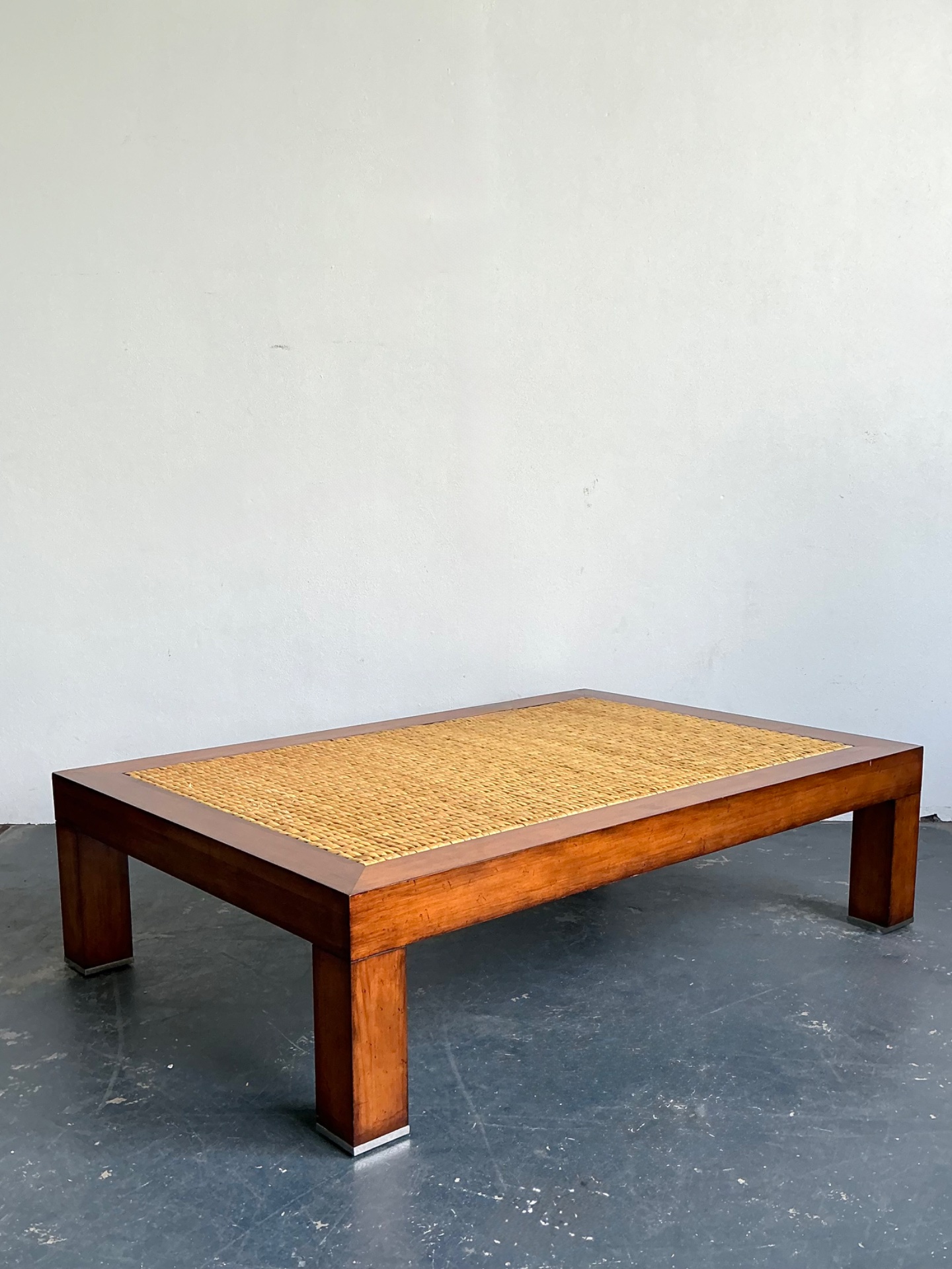 Vintage Woven Rattan “Modern Barn” Coffee Table After Ralph Lauren - Side view