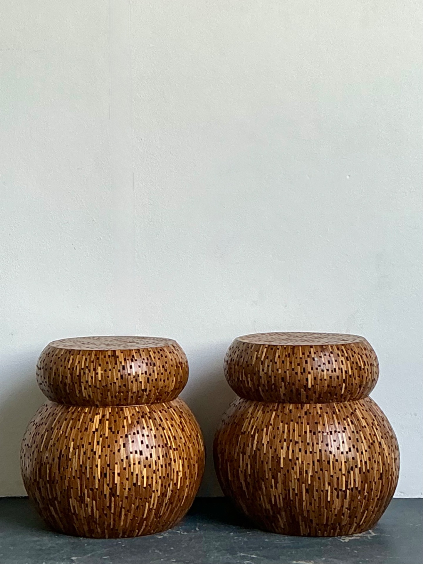 Vintage Wood Mosaic Low Stools - A Pair - Detail view
