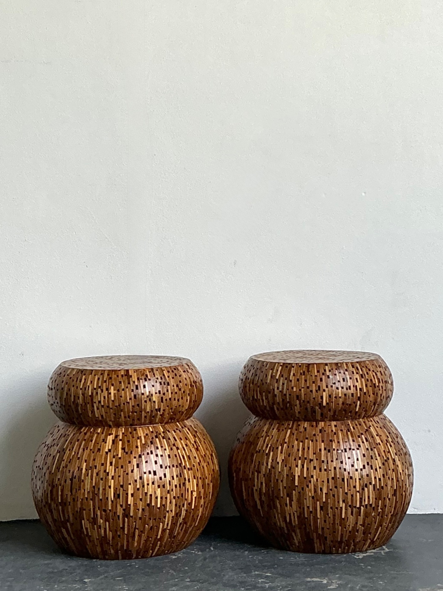 Vintage Wood Mosaic Low Stools - A Pair - Back view