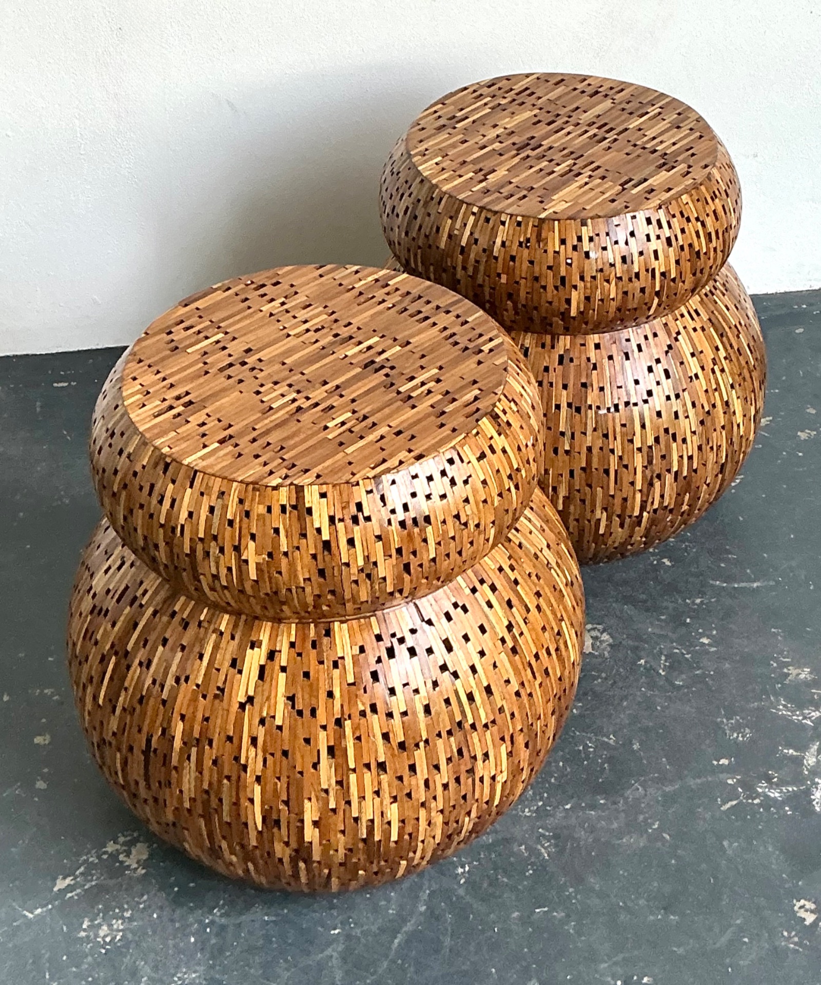 Vintage Wood Mosaic Low Stools - A Pair - Top view