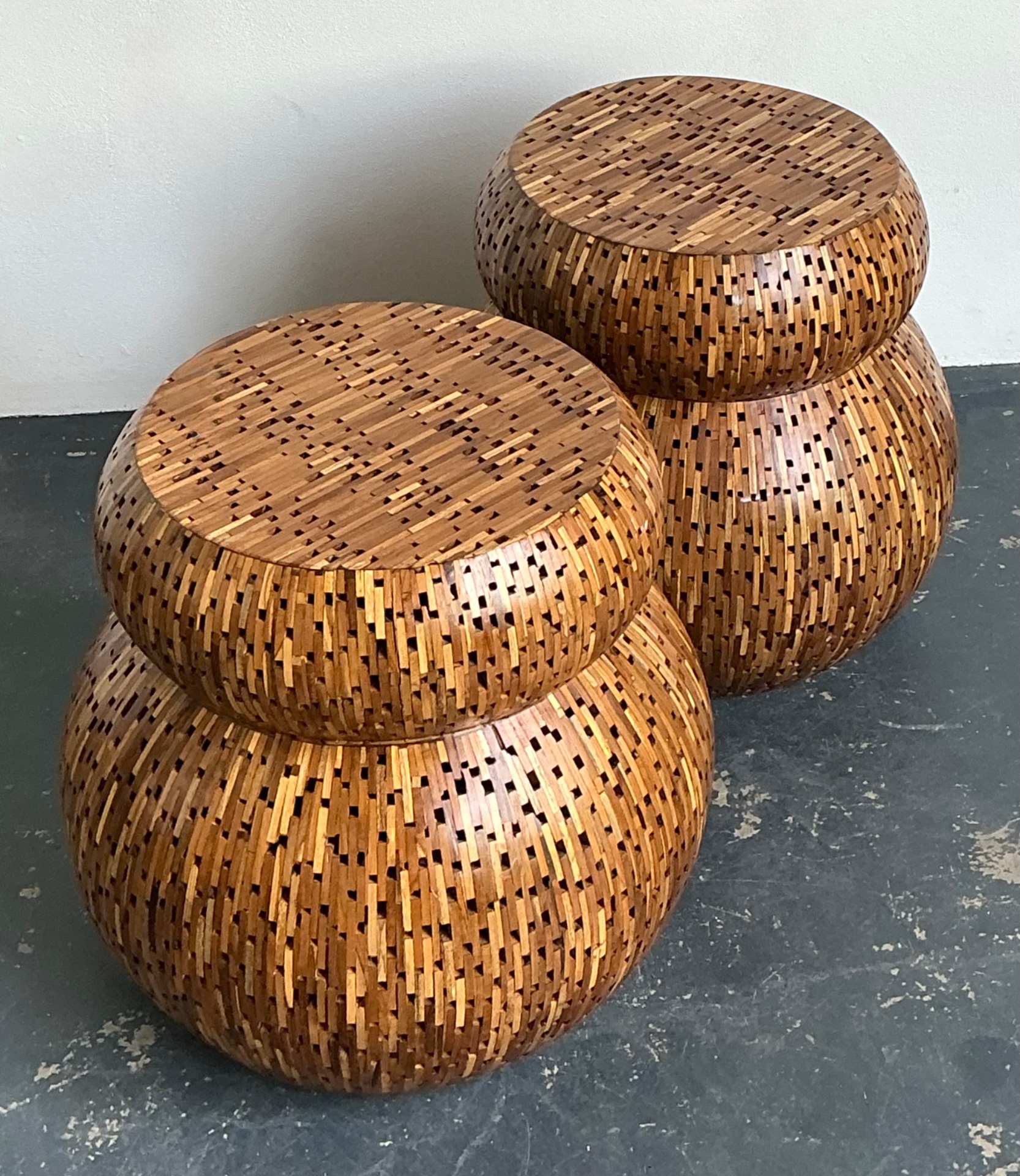Vintage Wood Mosaic Low Stools - A Pair - Side view