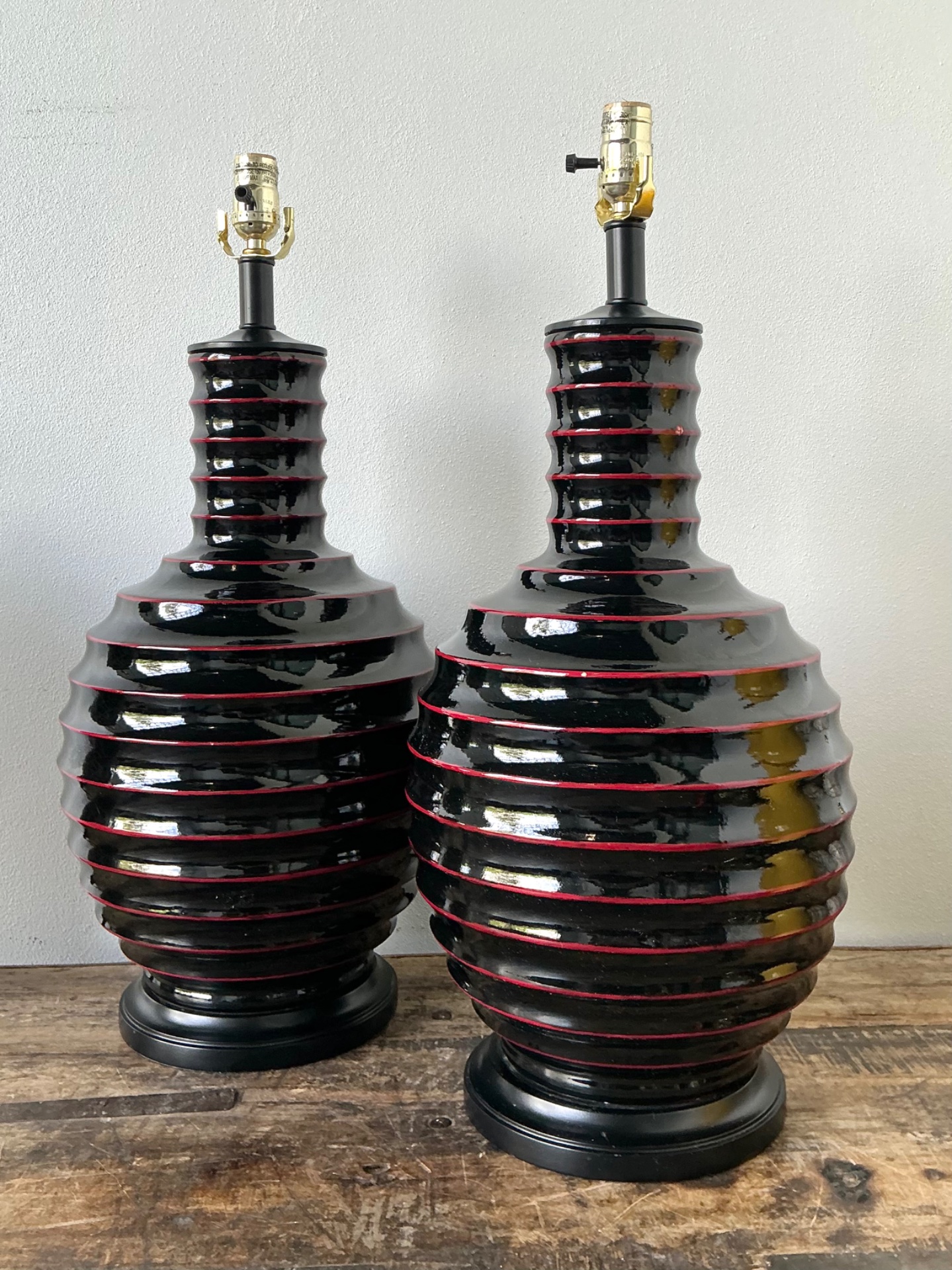 Vintage Glazed Ceramic Ribbed Table Lamps - A Pair - Top view