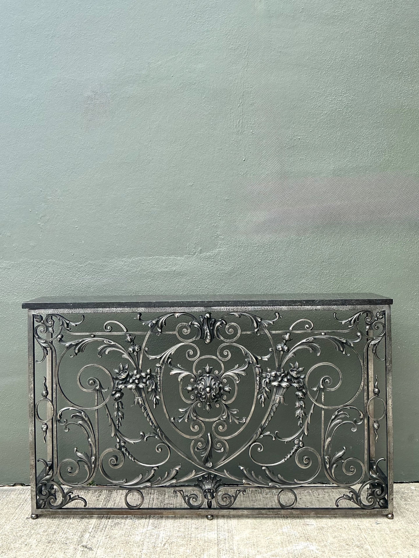 Vintage Wrought Iron Scroll Console Table - Side view