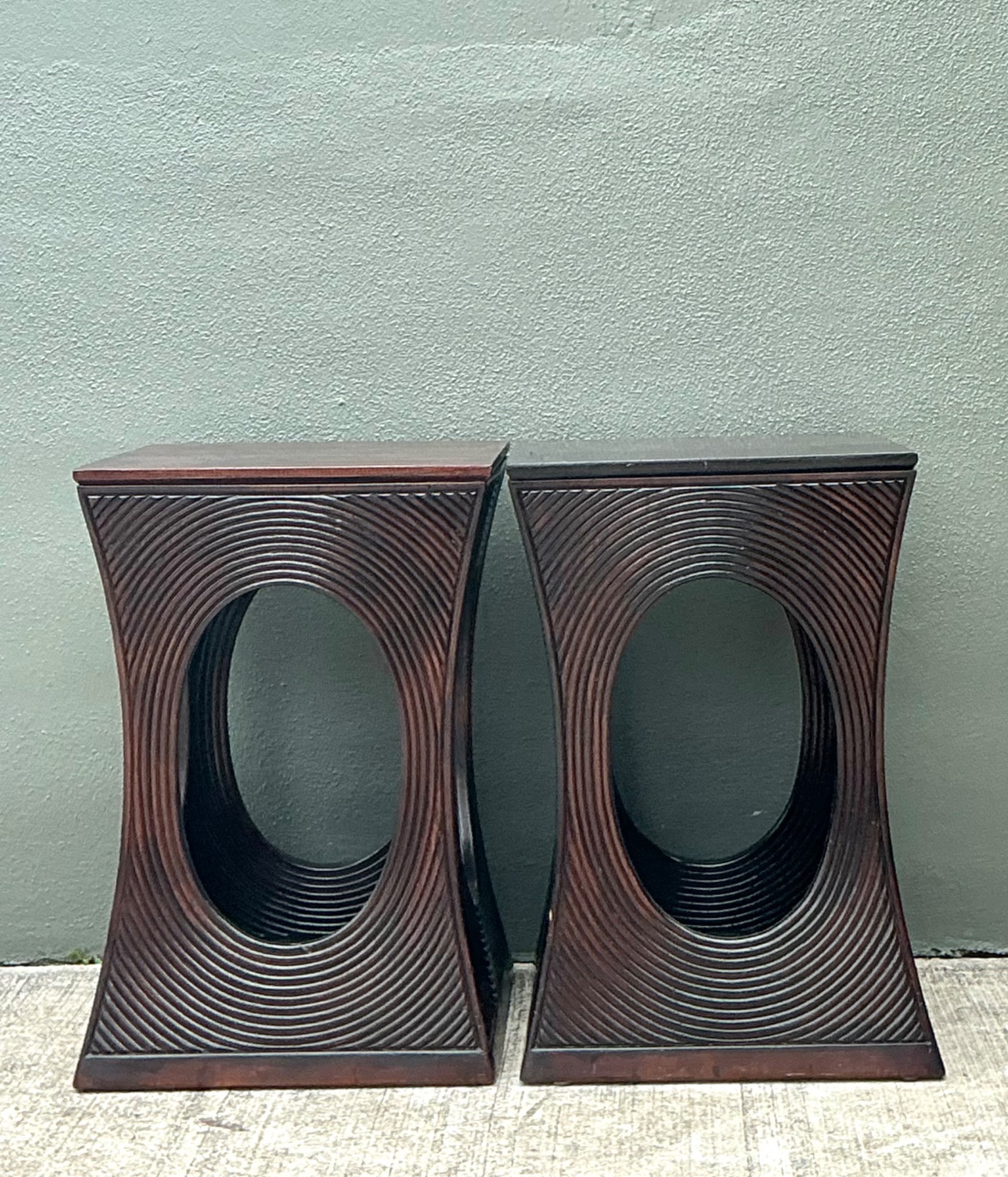Vintage Pencil Reed Cutout Side Tables - A Pair - Back view