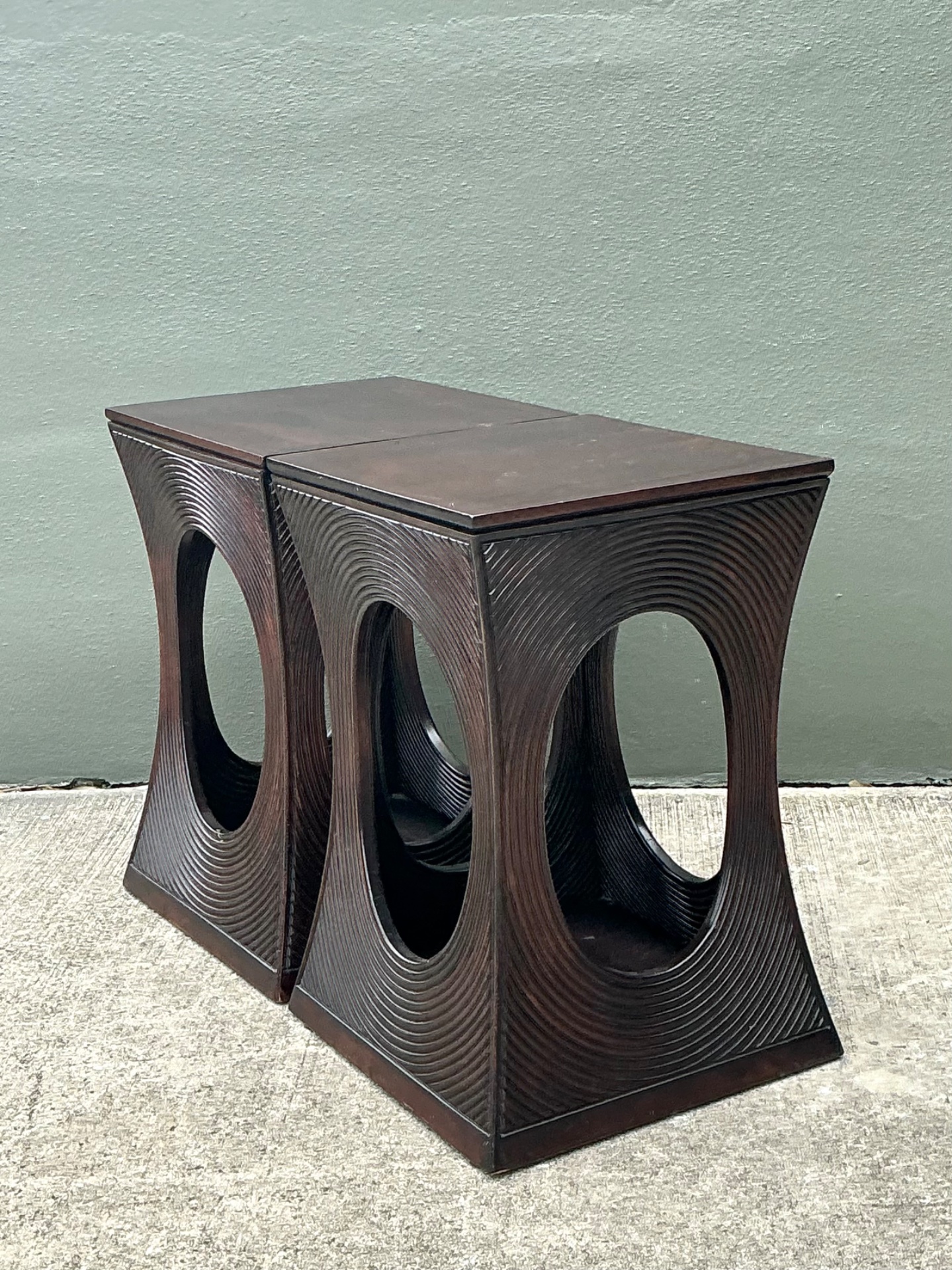 Vintage Pencil Reed Cutout Side Tables - A Pair - Side view