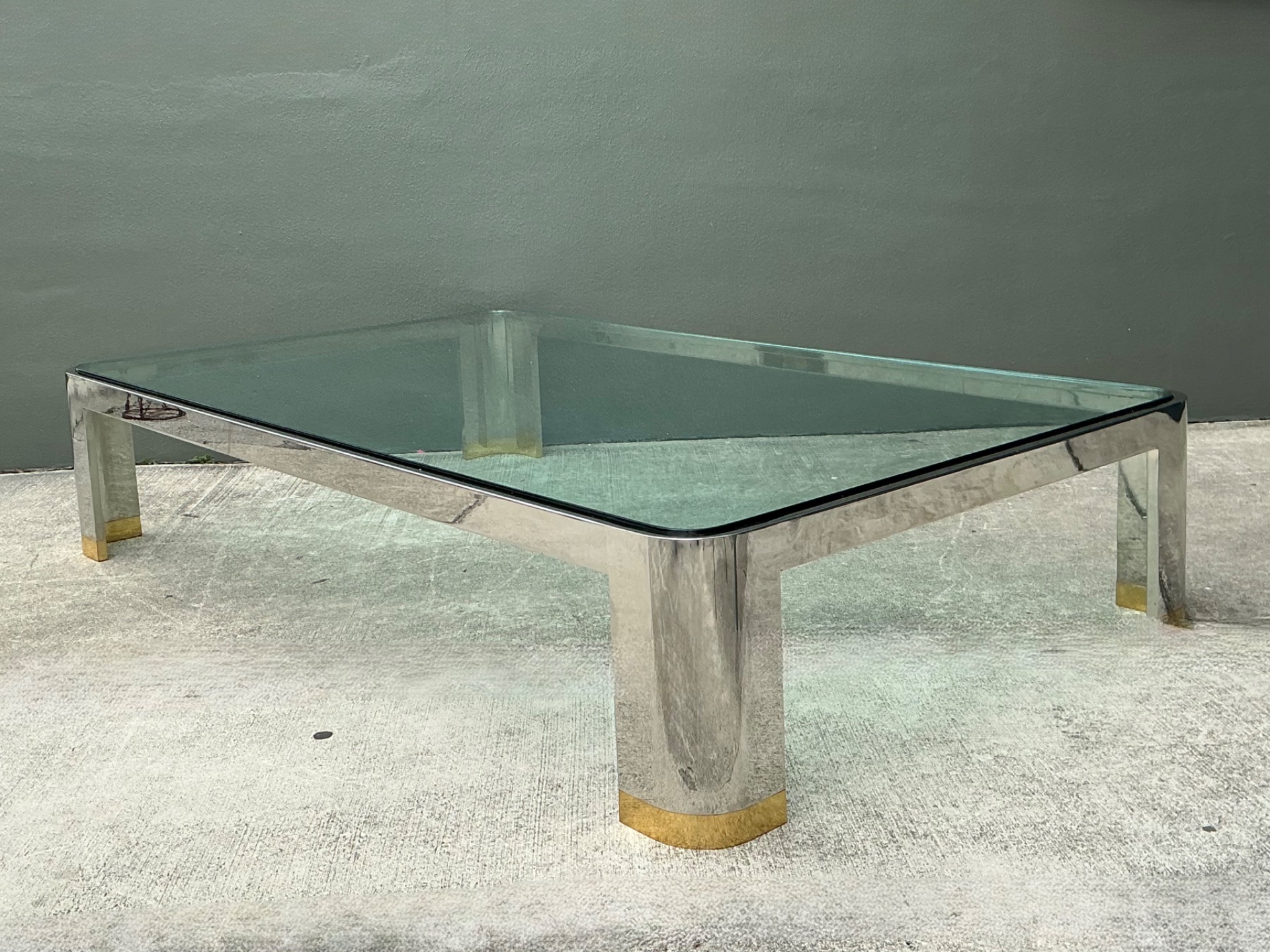 Vintage Monumental Brass And Chrome Coffee Table After Karl Springer - Side view
