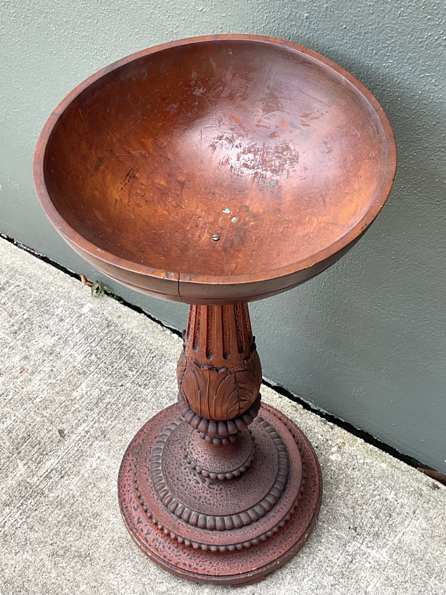 Vintage Carved Wood Pedestal Bowl - Detail view