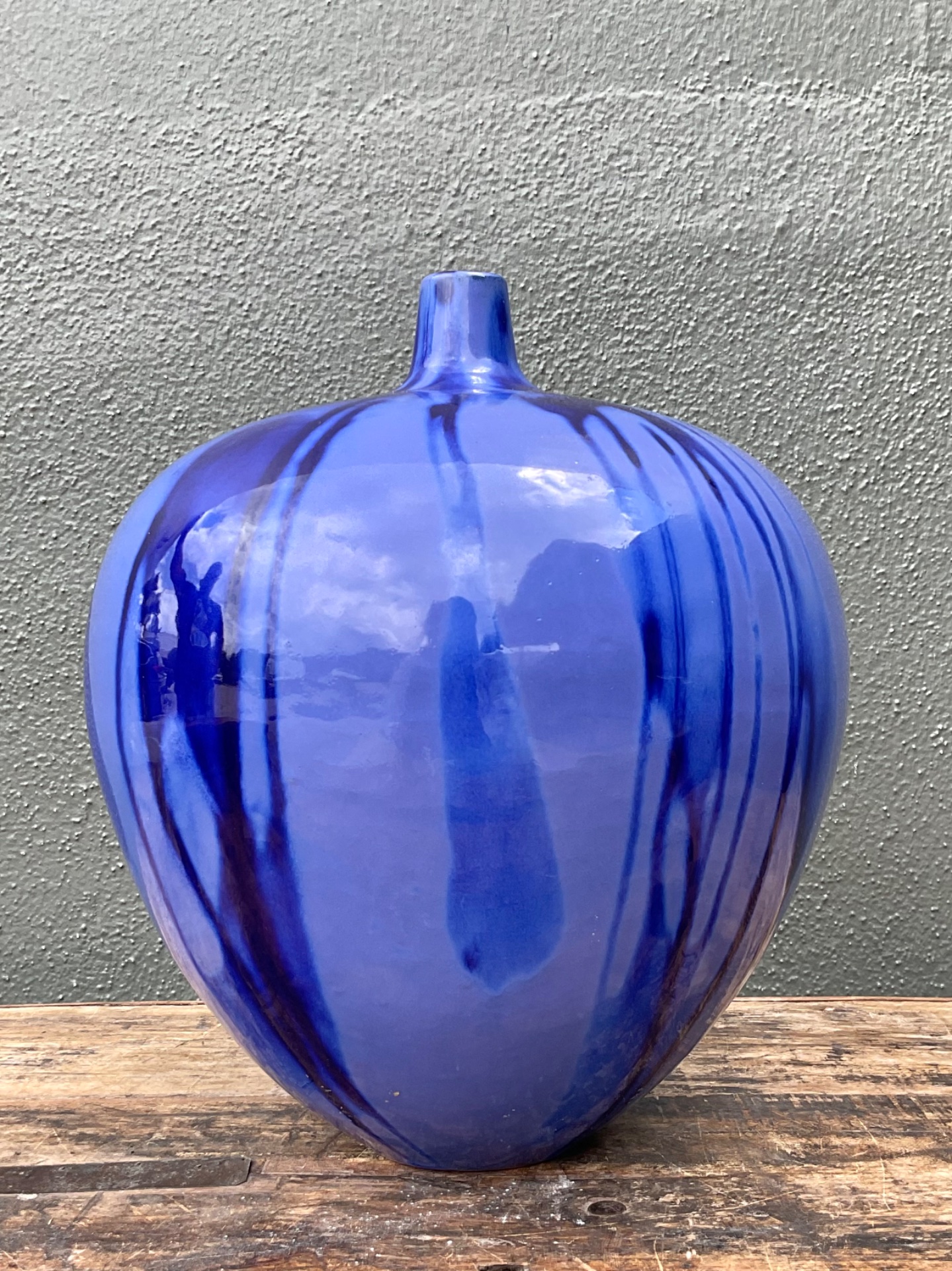 Vintage Drip Glaze Blue Ceramic Vase - Side view