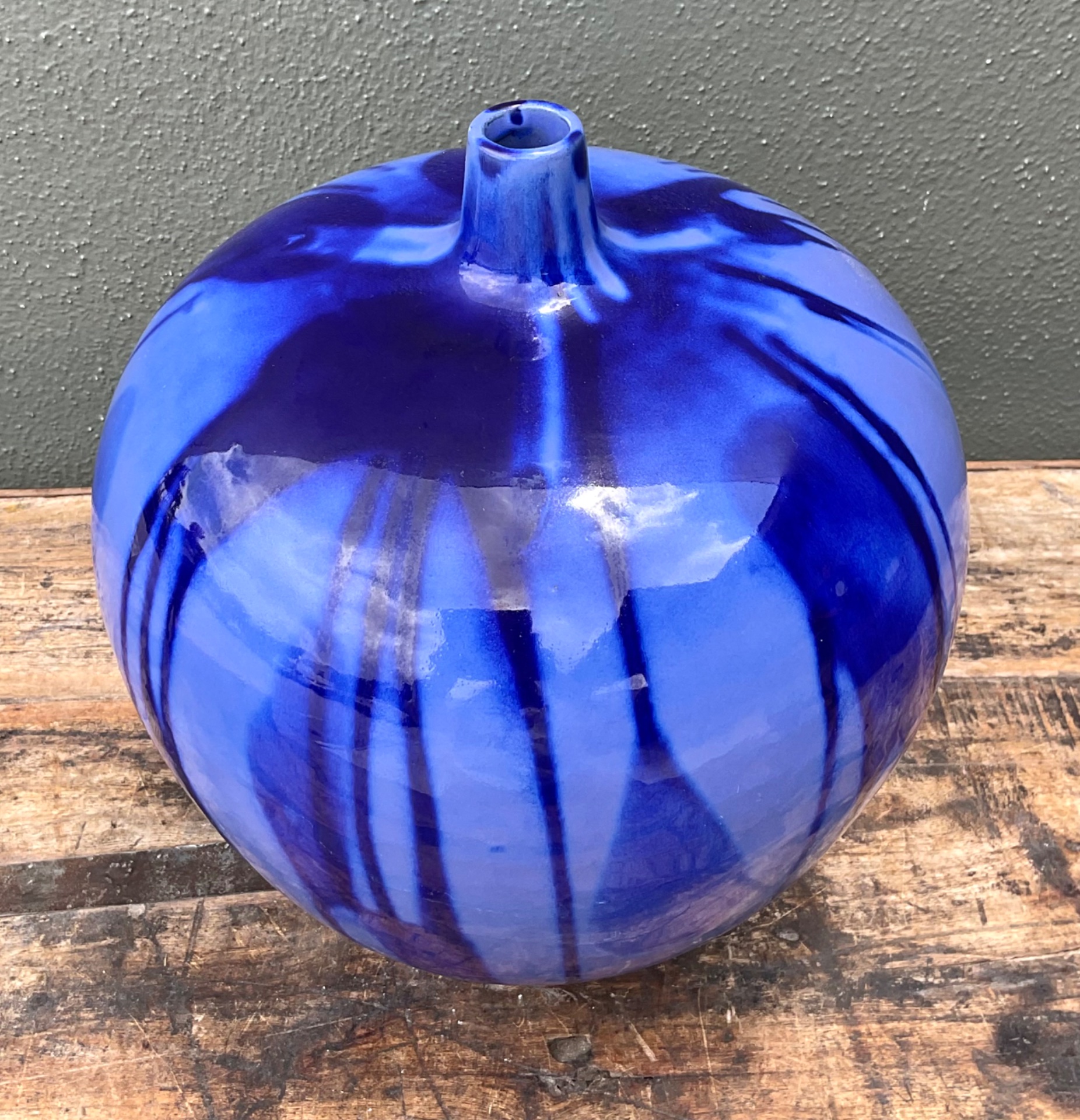 Vintage Drip Glaze Blue Ceramic Vase - Back view