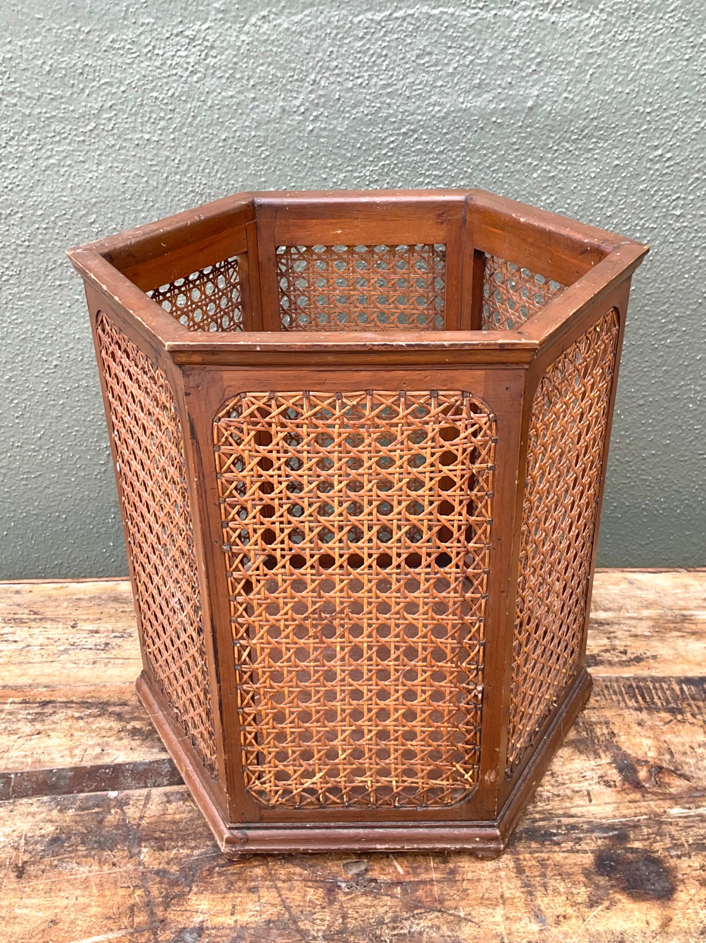 Vintage Italian Woven Cane Waste Paper Basket - Side view