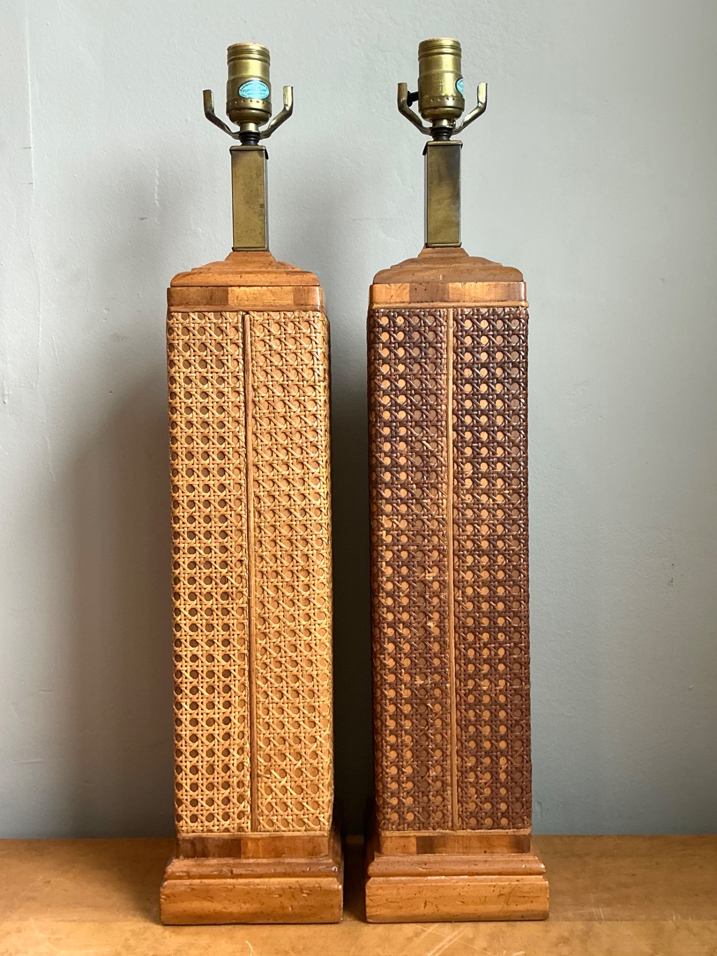 Vintage Woven Cane Table Lamps - A Pair - Side view