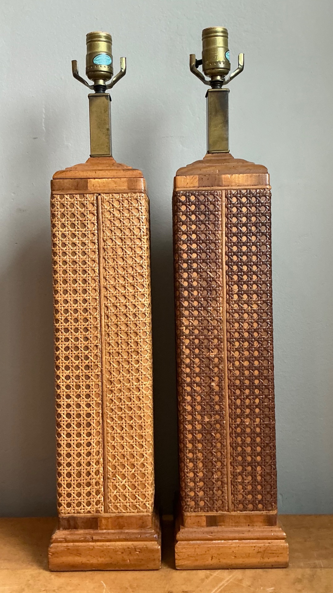 Vintage Woven Cane Table Lamps - A Pair - Top view