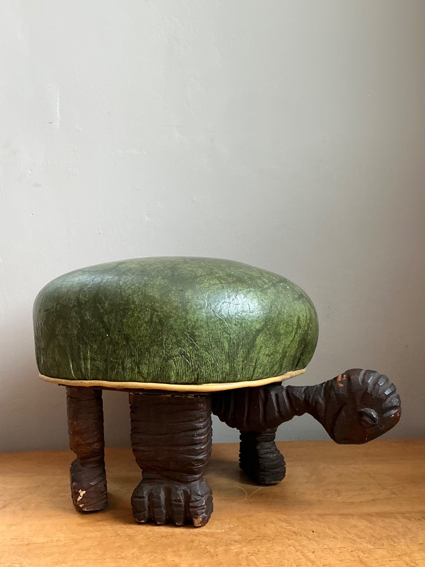 Vintage Primitive Hand Carved Turtle Footstool - Side view